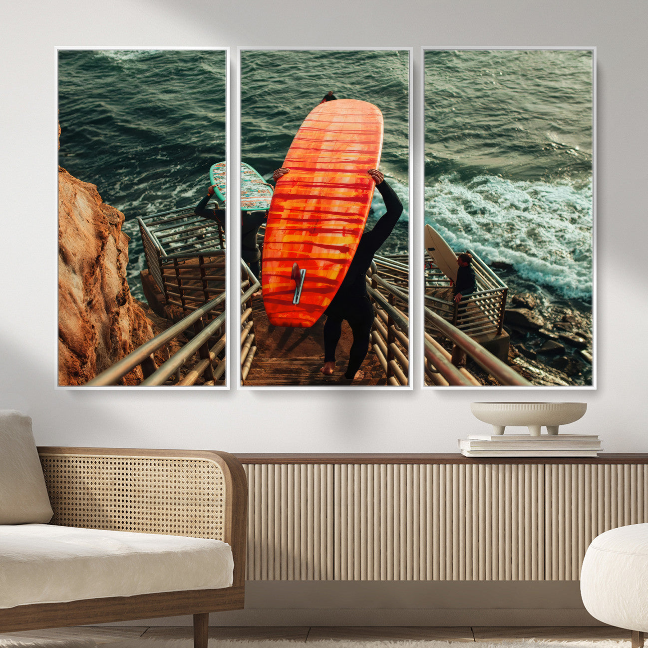 MGV-FC-48X32-3P - Surfer Stairway Wall Art Canvas Print, Framed Ocean Surf Art Picture Print, Sunset Coastal Perfect Coastal Adventure Decor Artwork