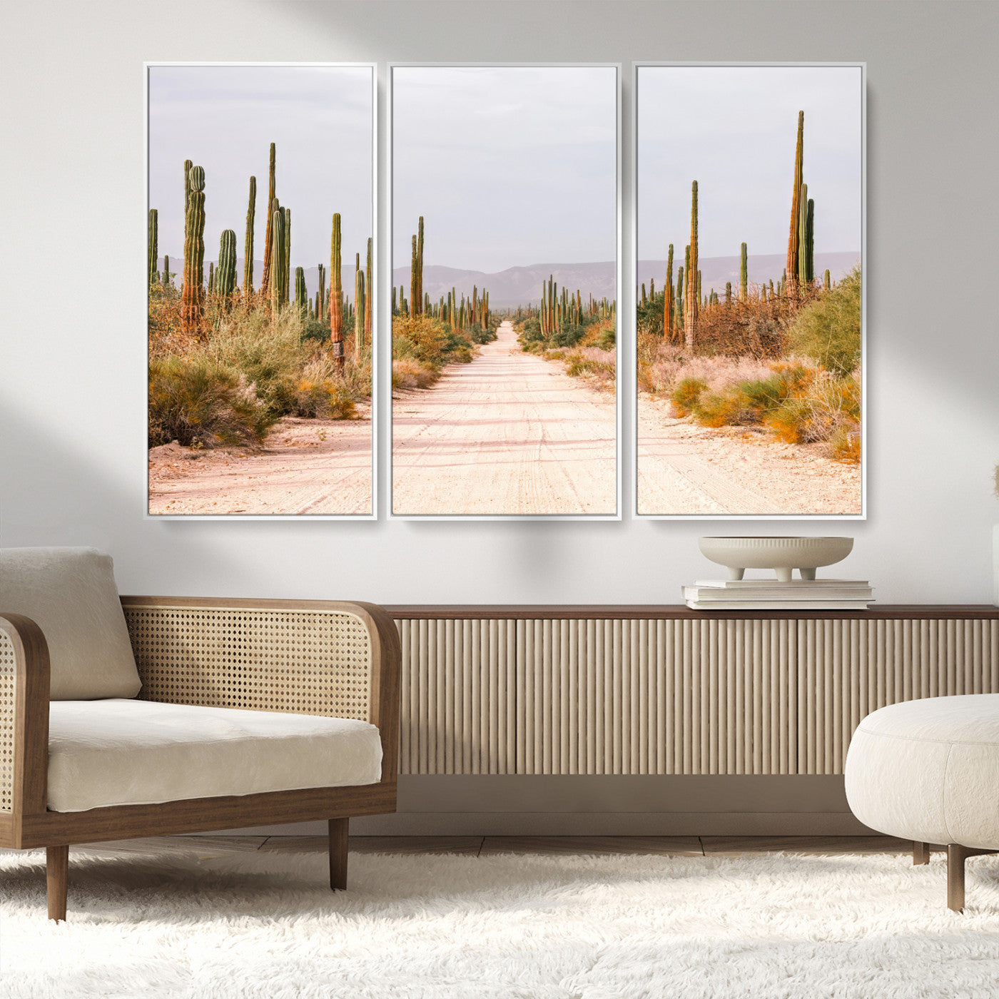 MGV-FC-48X32-3P - Desert Cactus Lined Road Wall Art Canvas Print, Framed Southwestern Landscape Art Picture Print, Bohemian Western Aesthetic Perfect Southwestern Boho Decor Artwork