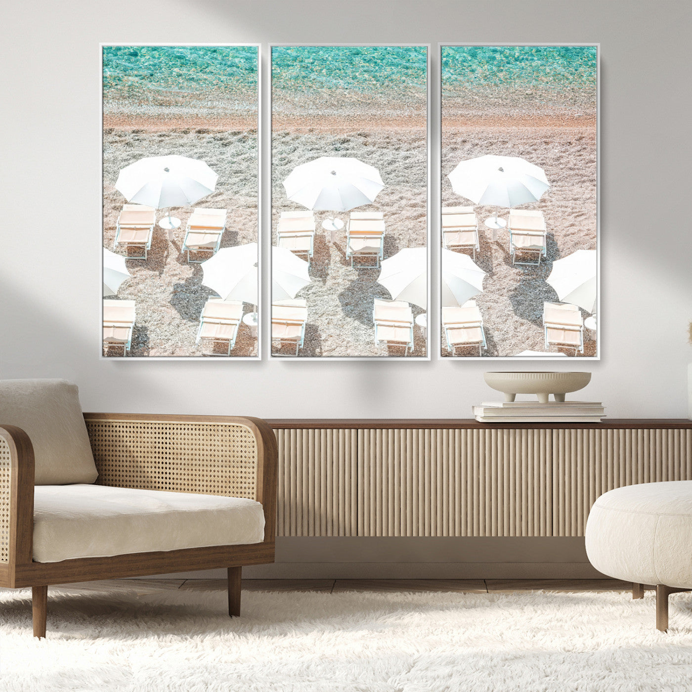 MGV-FC-48X32-3P - Calm Beach Wall Art Canvas Print, Framed Turquoise Water Art Picture Print, Umbrella Shoreline Perfect Coastal Minimalist Decor Artwork