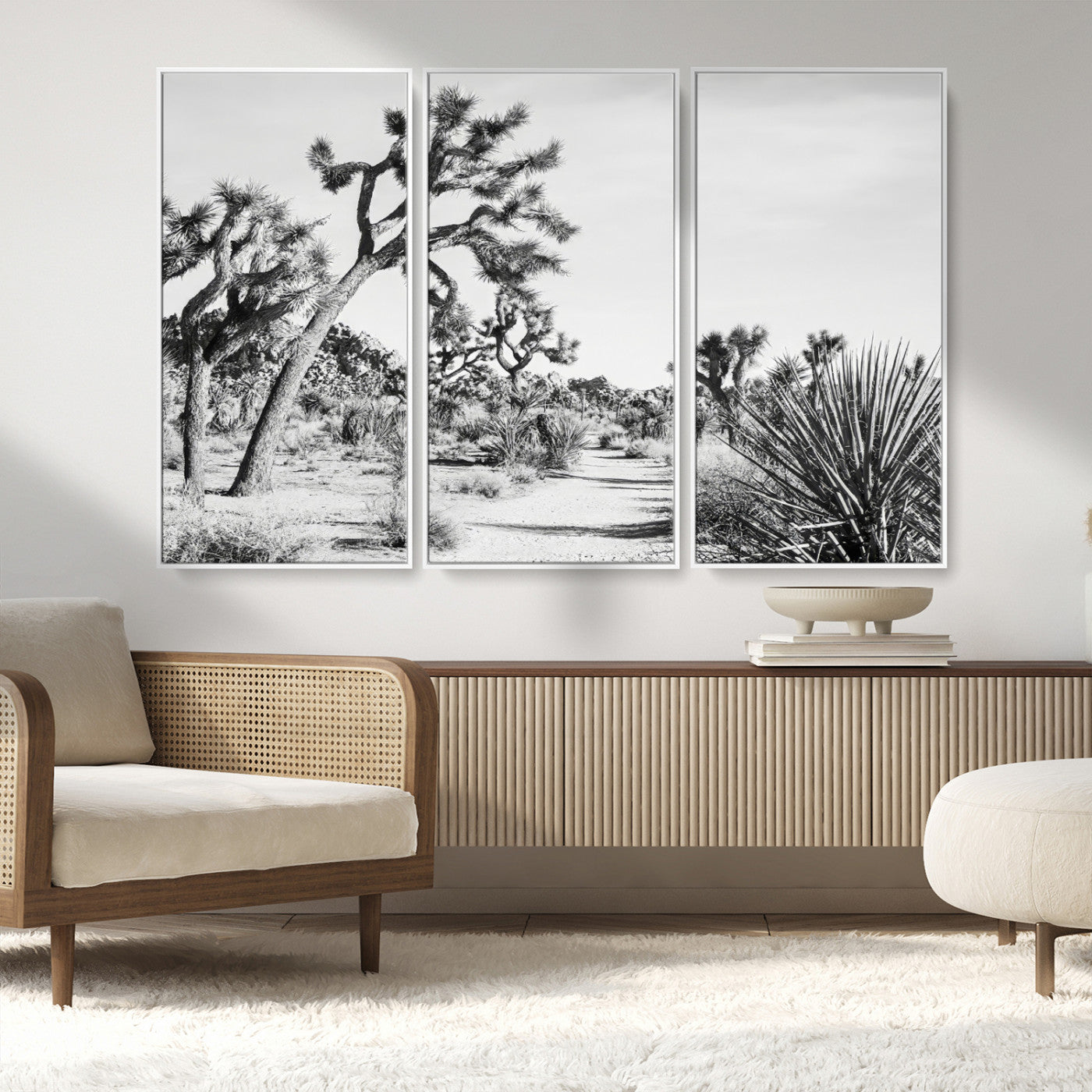 MGV-FC-48X32-3P - Joshua Tree Wall Art Canvas Print, Framed Desert Path Art Picture Print, Monochrome Desert Perfect Minimalist Desert Decor Artwork