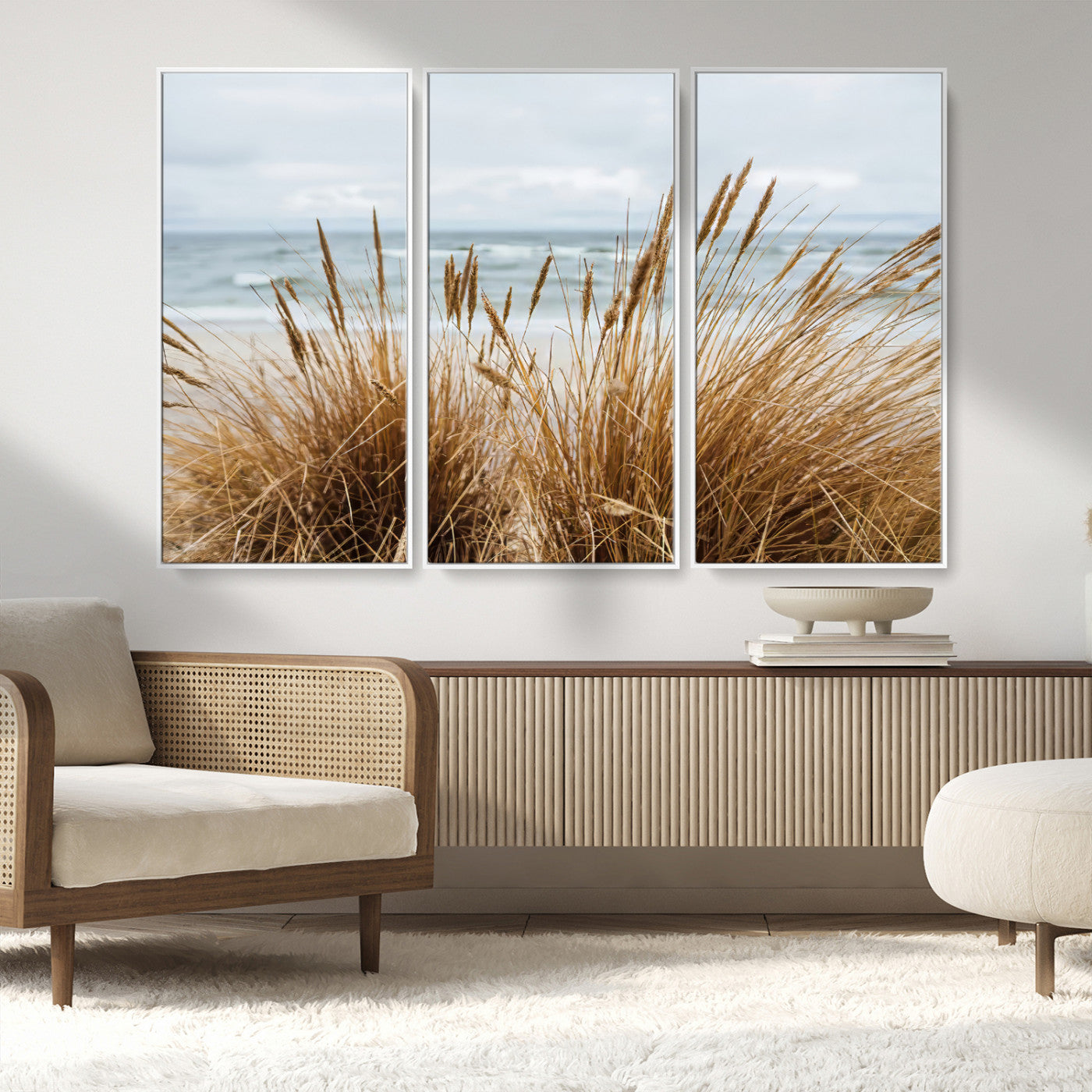 MGV-FC-48X32-3P - Beach Grass Wall Art Canvas Print, Framed Coastal Dunes Art Picture Print, Dune Grass Perfect Coastal Minimalist Decor Artwork