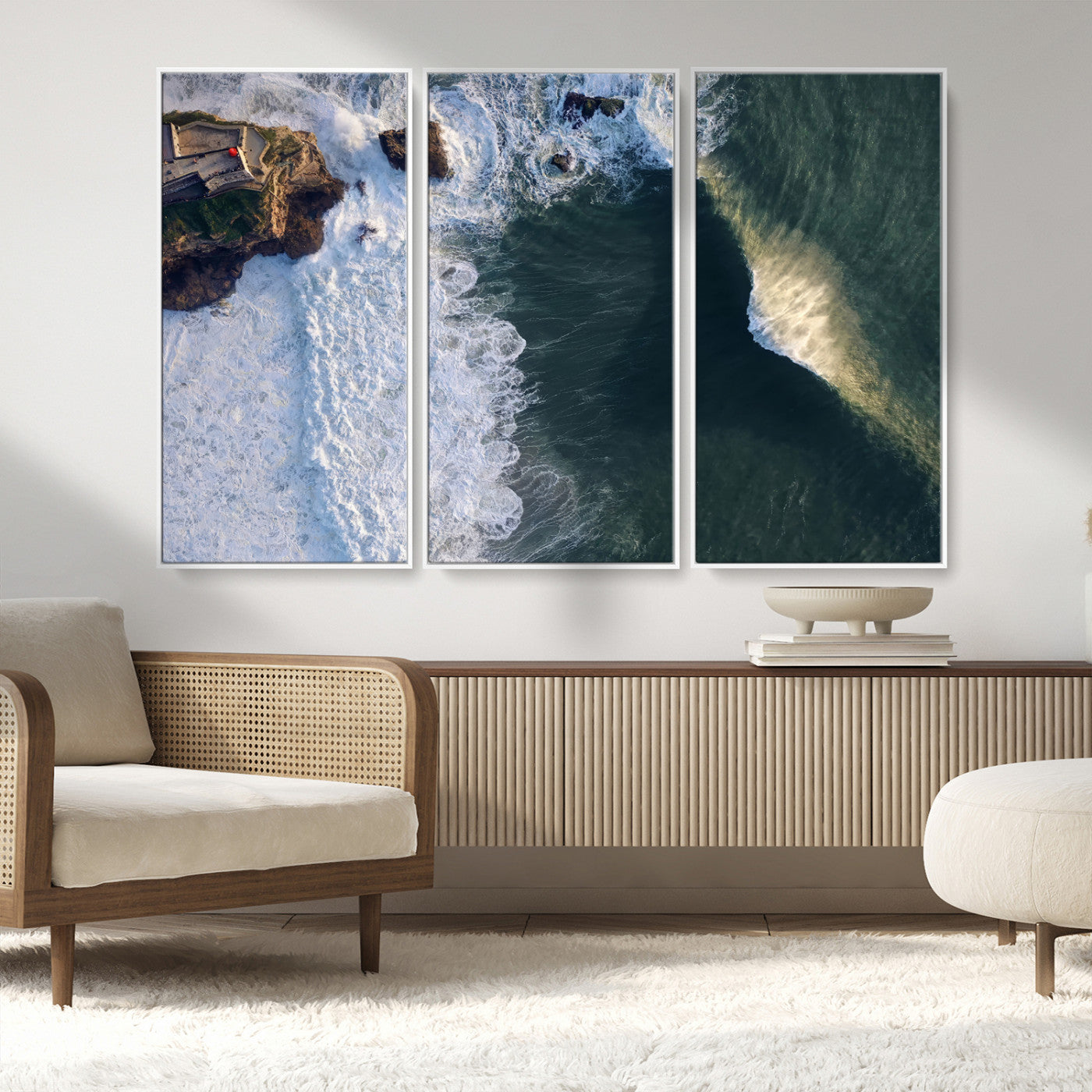 MGV-FC-48X32-3P - Nazaré Coast Wall Art Canvas Print, Framed Aerial Ocean Art Picture Print, Coastal Fortress Perfect Dramatic Coastal Decor Artwork