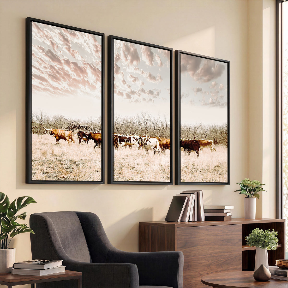 64892775-MGV-CV-24X16 - Longhorn Cattle Wall Art Canvas Print, Framed Texas Ranch Art, Western Cow Print, Prairie Landscape Decor