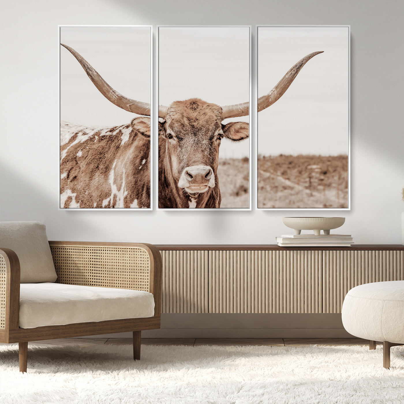 MGV-FC-48X32-3P - Longhorn Cow Wall Art Canvas Print, Framed Texas Ranch Art Picture Print, Western Bull Perfect County Decor Artwork