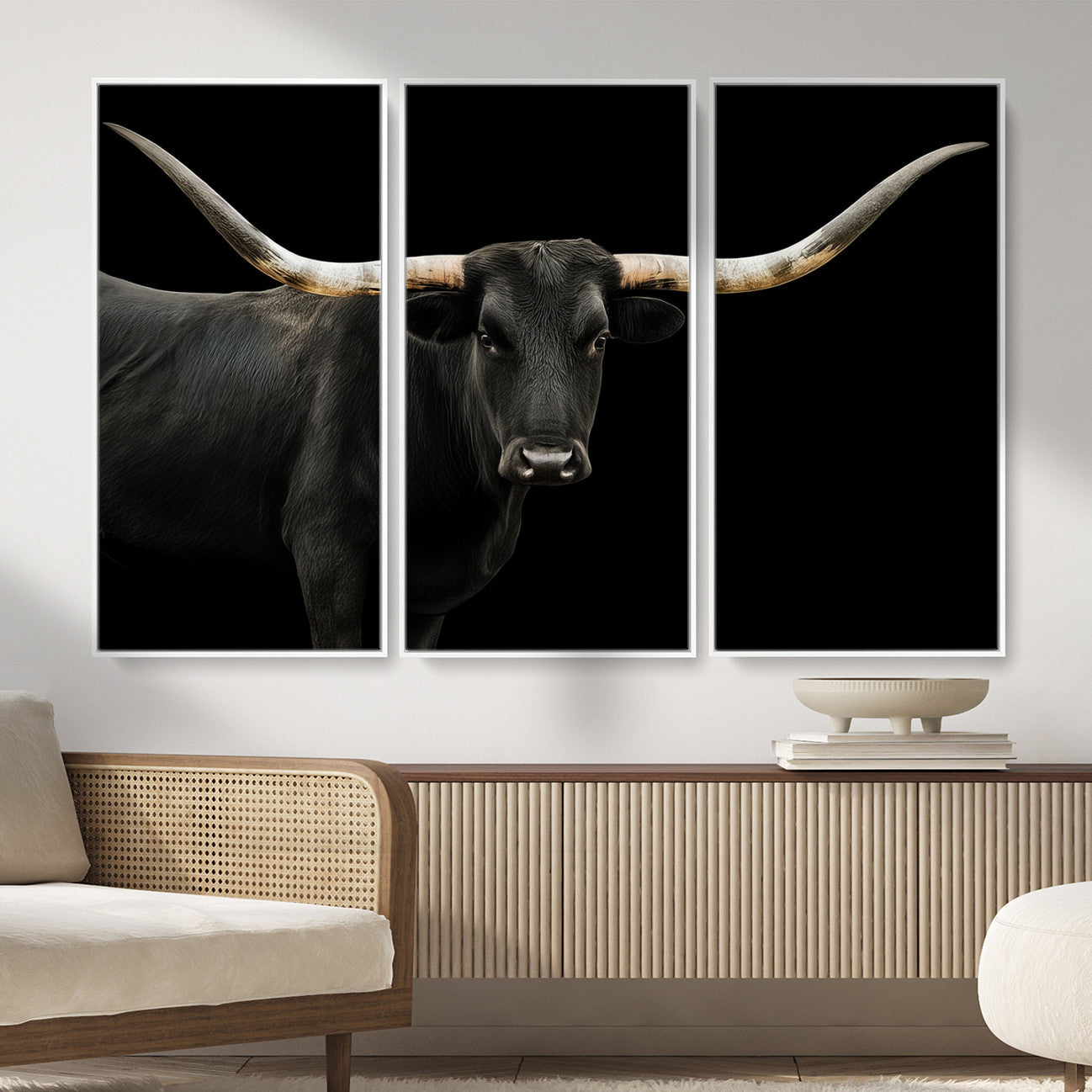 99448328-MGV-CV-36X24 - Longhorn Cattle Wall Art Canvas Print, Framed Texas Black Bull Art Picture Print, Western Cow Perfect Farmhouse Decor Artwork