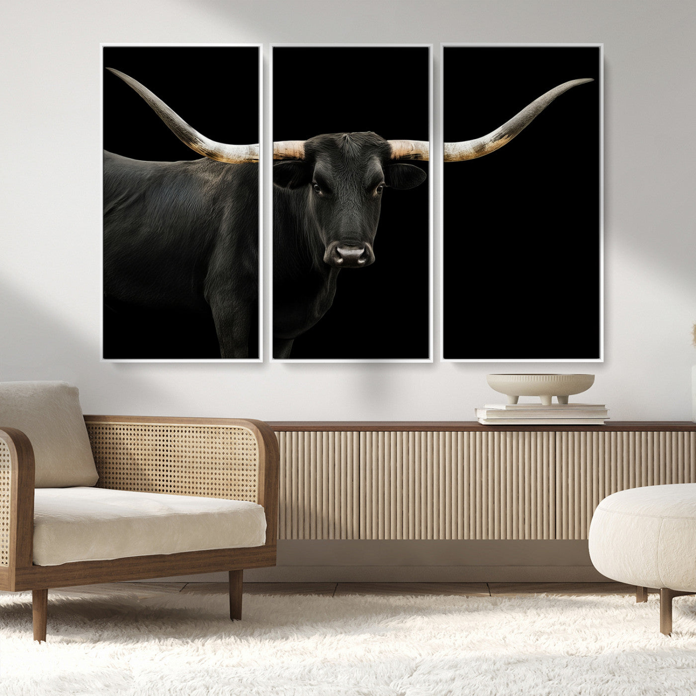 MGV-FC-48X32-3P - Longhorn Cattle Wall Art Canvas Print, Framed Texas Ranch Art Picture Print, Western Cow Perfect Farmhouse Decor Artwork