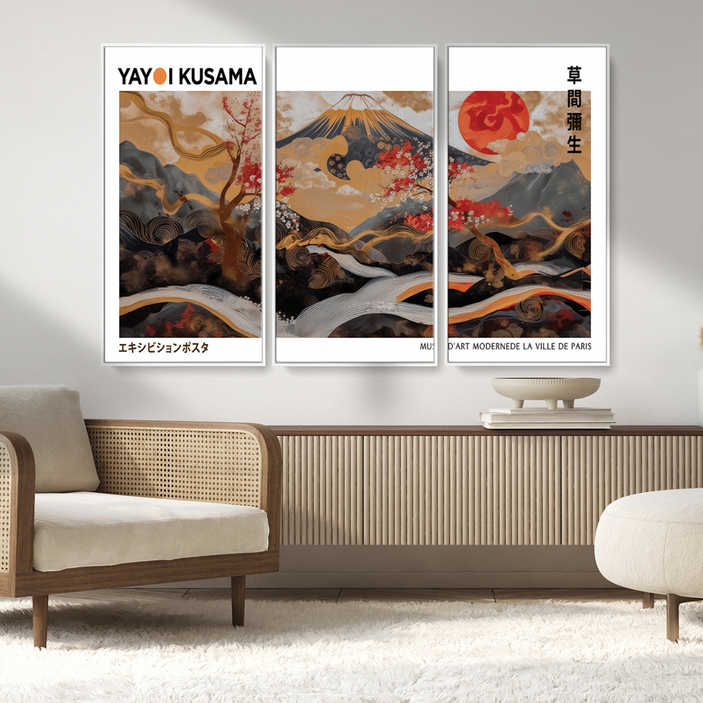 MGV-FC-48X32-3P - Modern Japanese Wall Art Print Yayoi Kusama Canvas Wall Art Abstract Mount Fuji Canvas Print