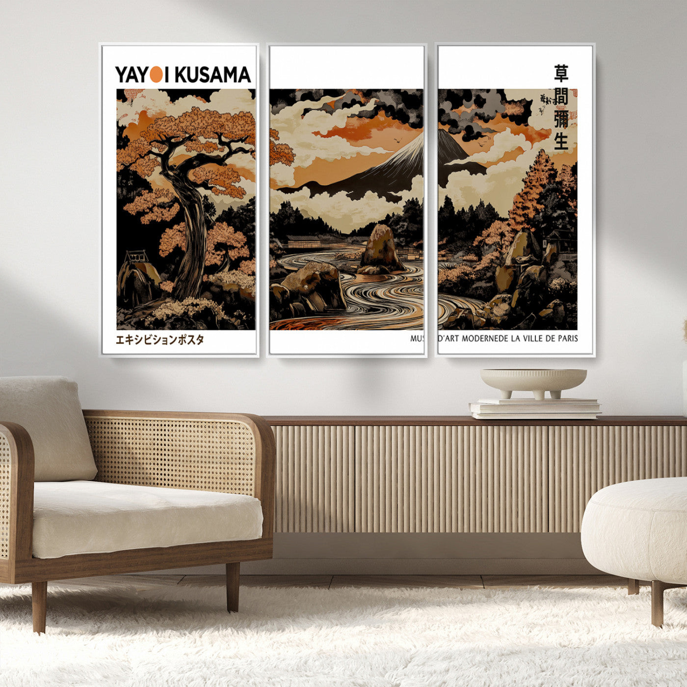 MGV-FC-48X32-3P - Modern Japanese Wall Art Print Yayoi Kusama Canvas Wall Art Abstract Mount Fuji Canvas Print