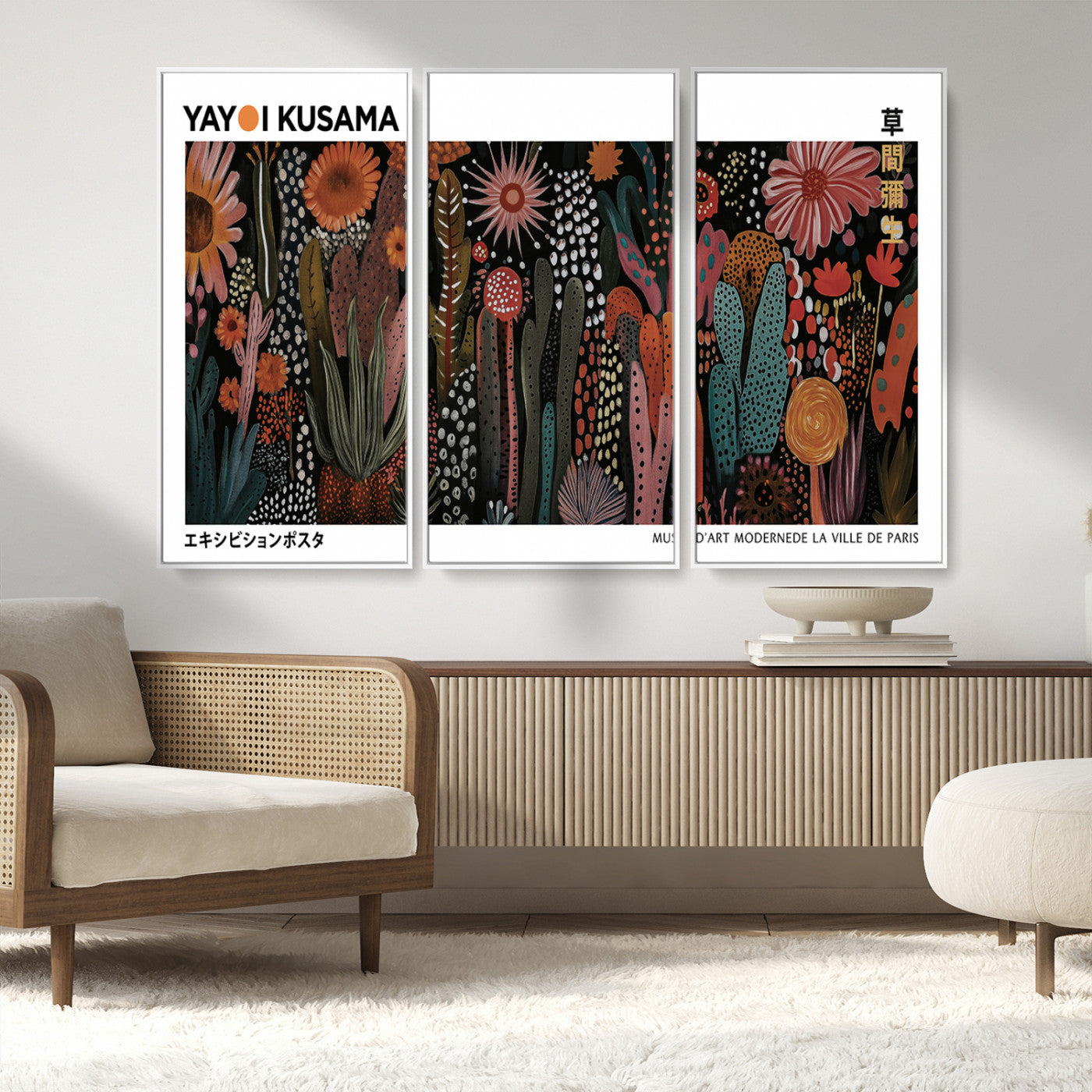 MGV-FC-48X32-3P - Modern Japanese Wall Art Print, Framed Yayoi Kusama Artwork, Abstract Mount Fuji Canvas Print,