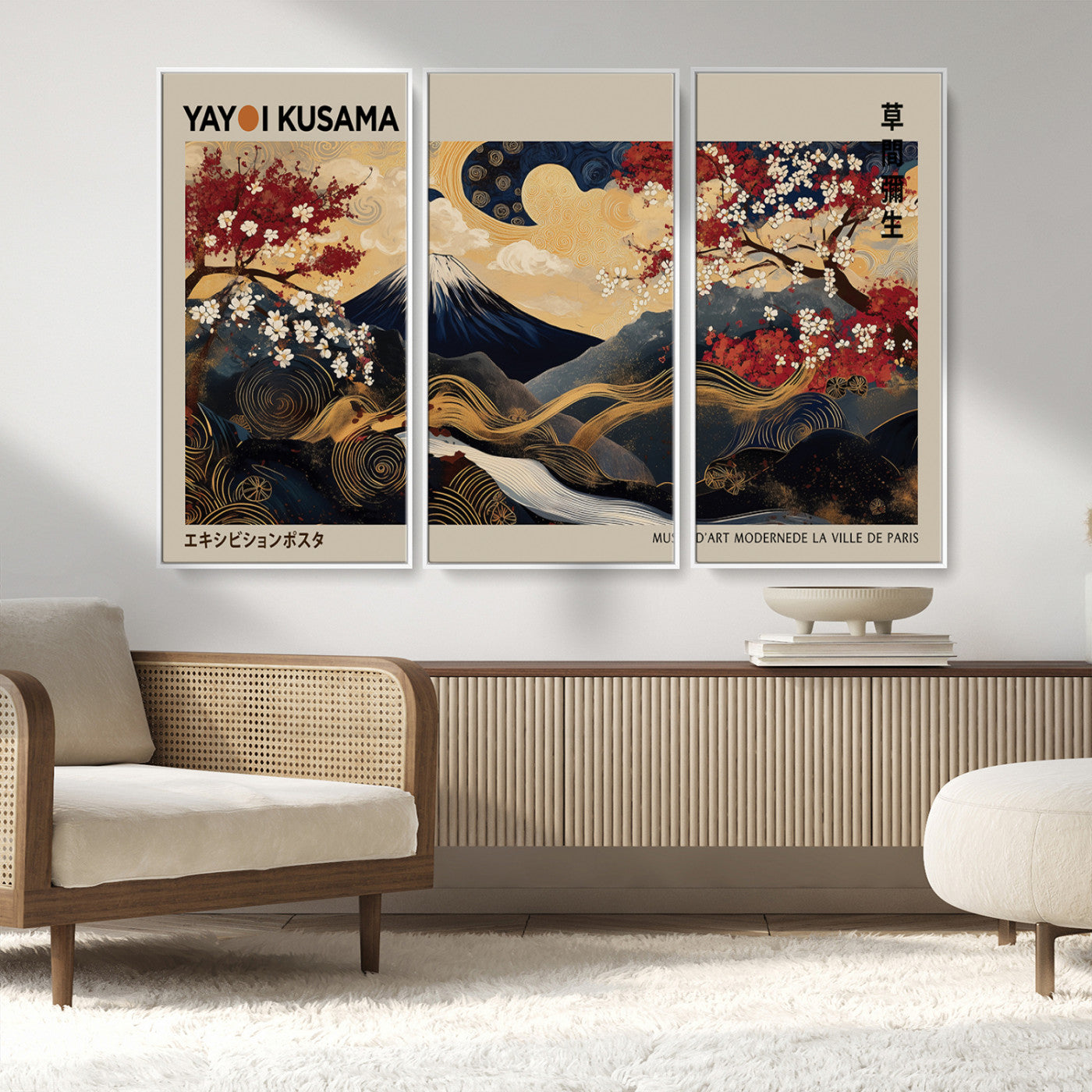 MGV-FC-48X32-3P - Modern Japanese Wall Art, Yayoi Kusama Japanese Print Wall Art, Abstract Mount Fuji Canvas Print,