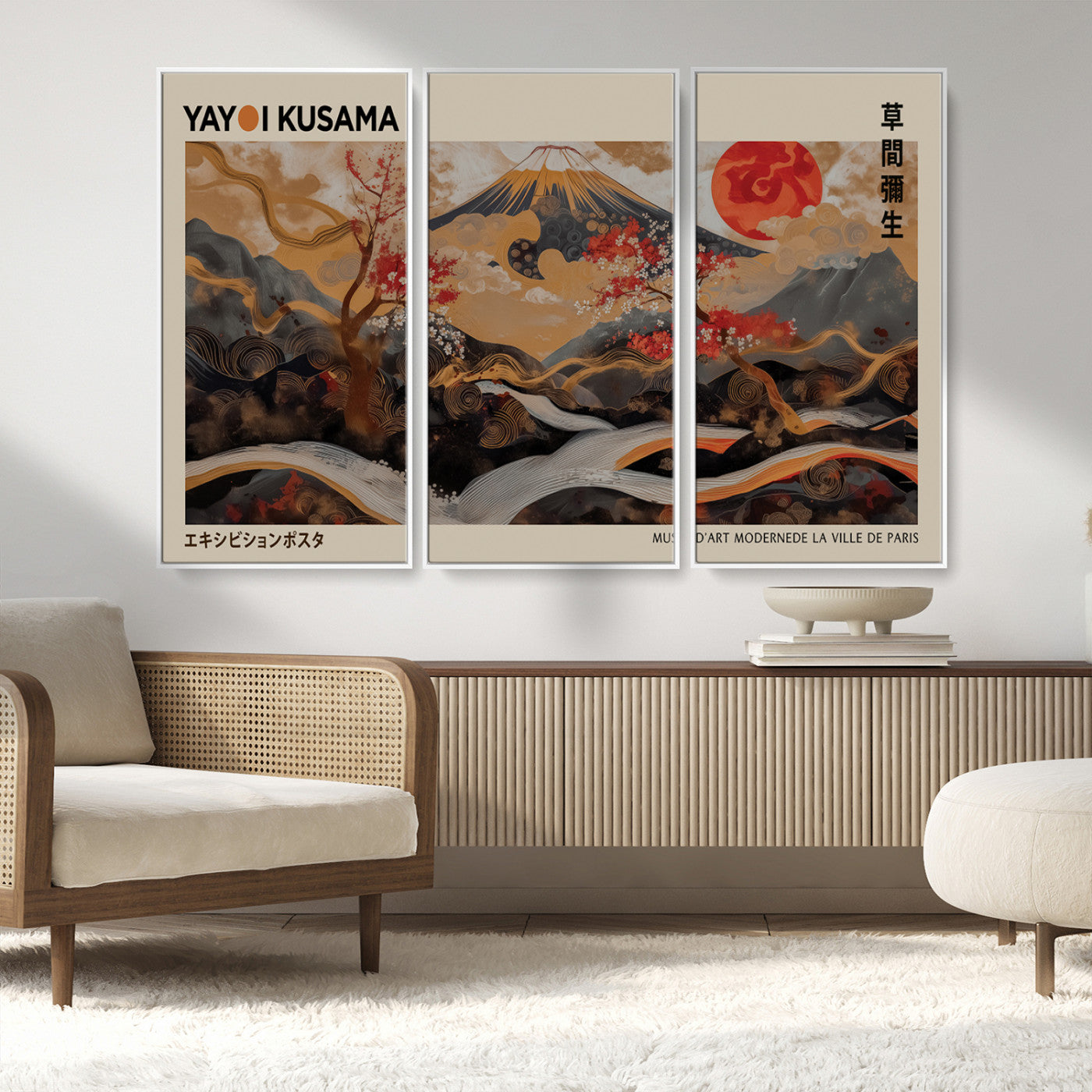MGV-FC-48X32-3P - Modern Japanese Wall Art Print Yayoi Kusama Canvas Wall Art Abstract Mount Fuji Canvas Print