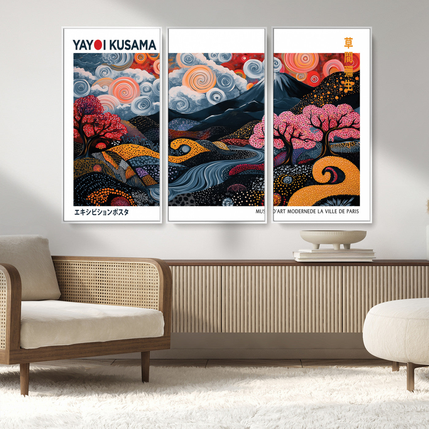 MGV-FC-48X32-3P - Modern Japanese Wall Art Print Yayoi Kusama Canvas Wall Art Abstract Mount Fuji Canvas Print