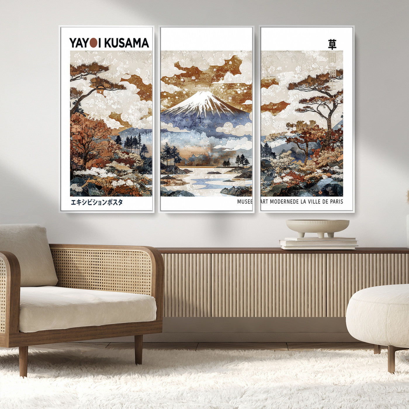 MGV-FC-48X32-3P - Modern Japanese Mount Fuji Canvas Print, Yayoi Kusama Canvas Wall Art, Abstract Mount Fuji Canvas