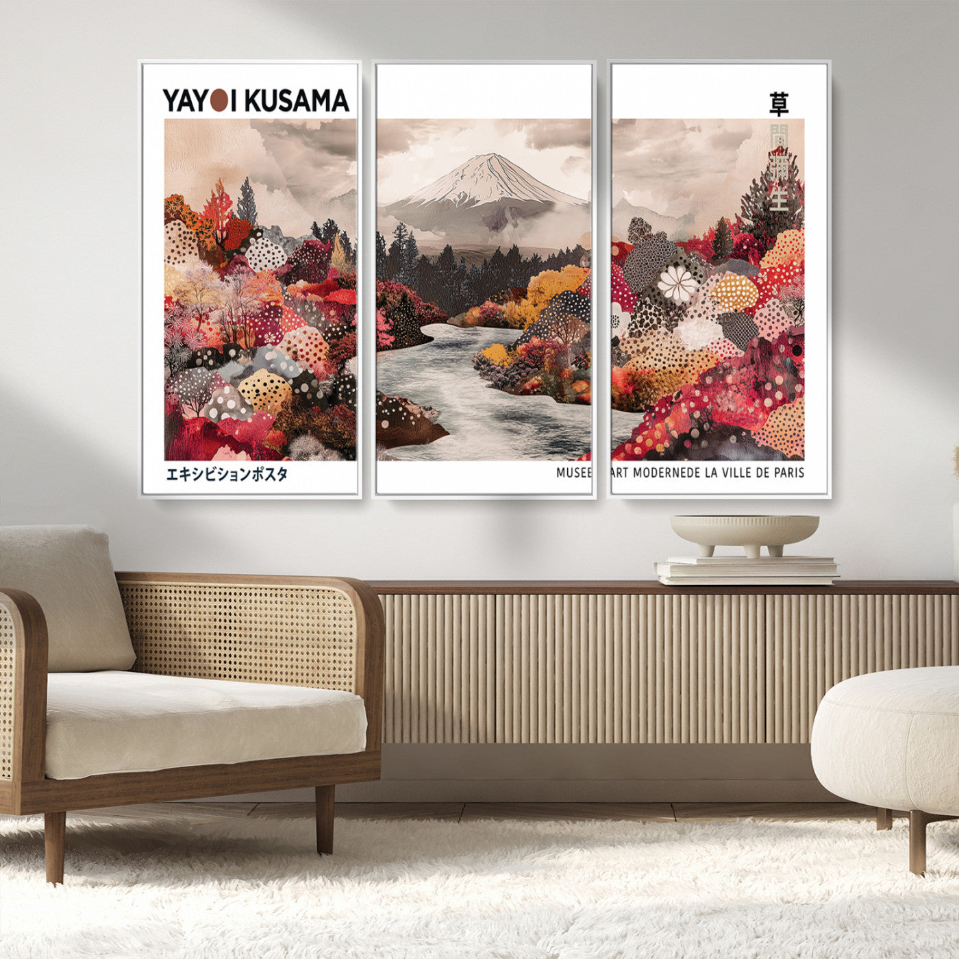 MGV-FC-48X32-3P - Modern Japanese Wall Art Print, Yayoi Kusama Canvas Wall Art, Abstract Mount Fuji Art Canvas Print,