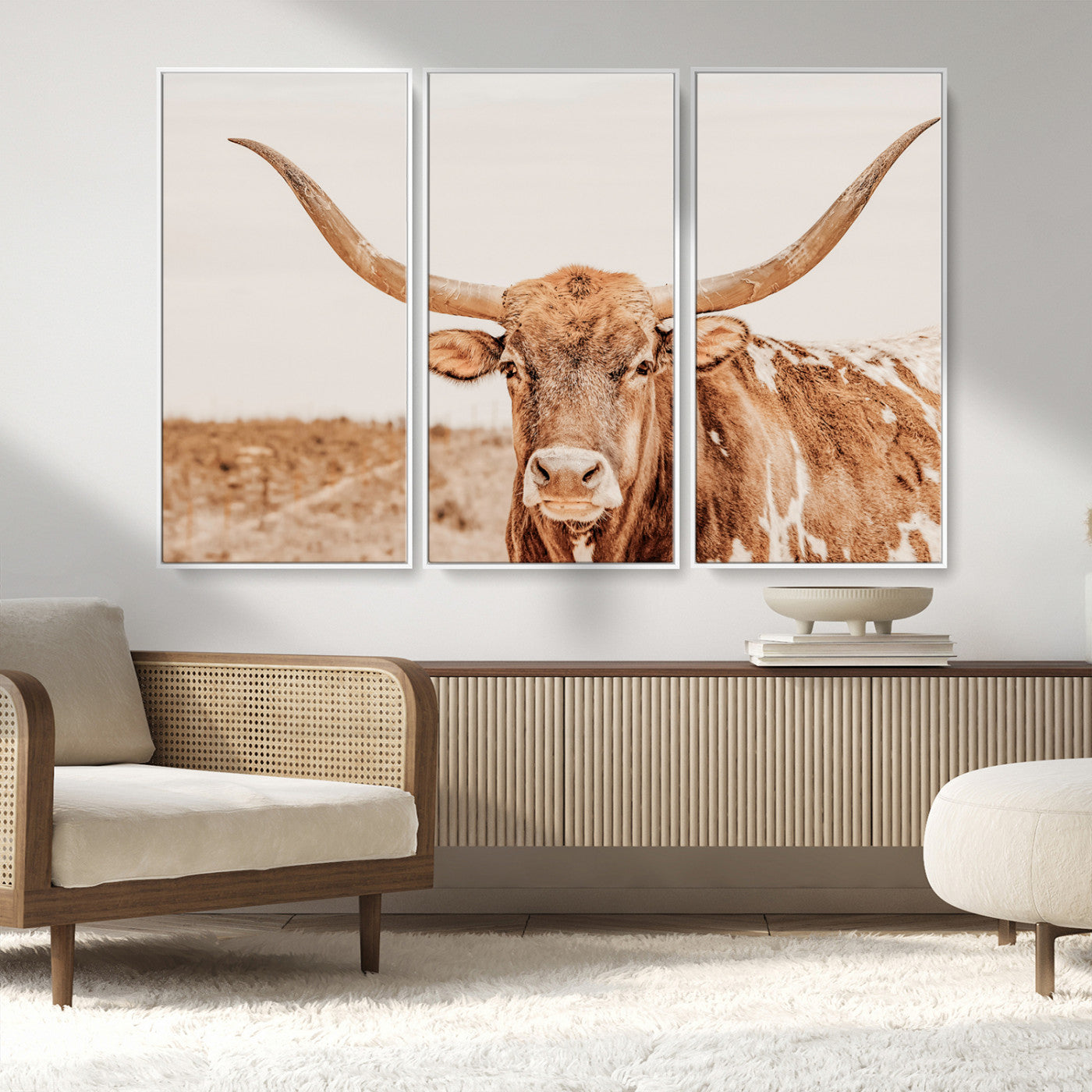 MGV-FC-48X32-3P - Longhorn Bull Wall Art Canvas Print, Framed Western Cow Art Picture Print, Rustic Farmhouse Perfect Neutral Farmhouse Decor Artwork