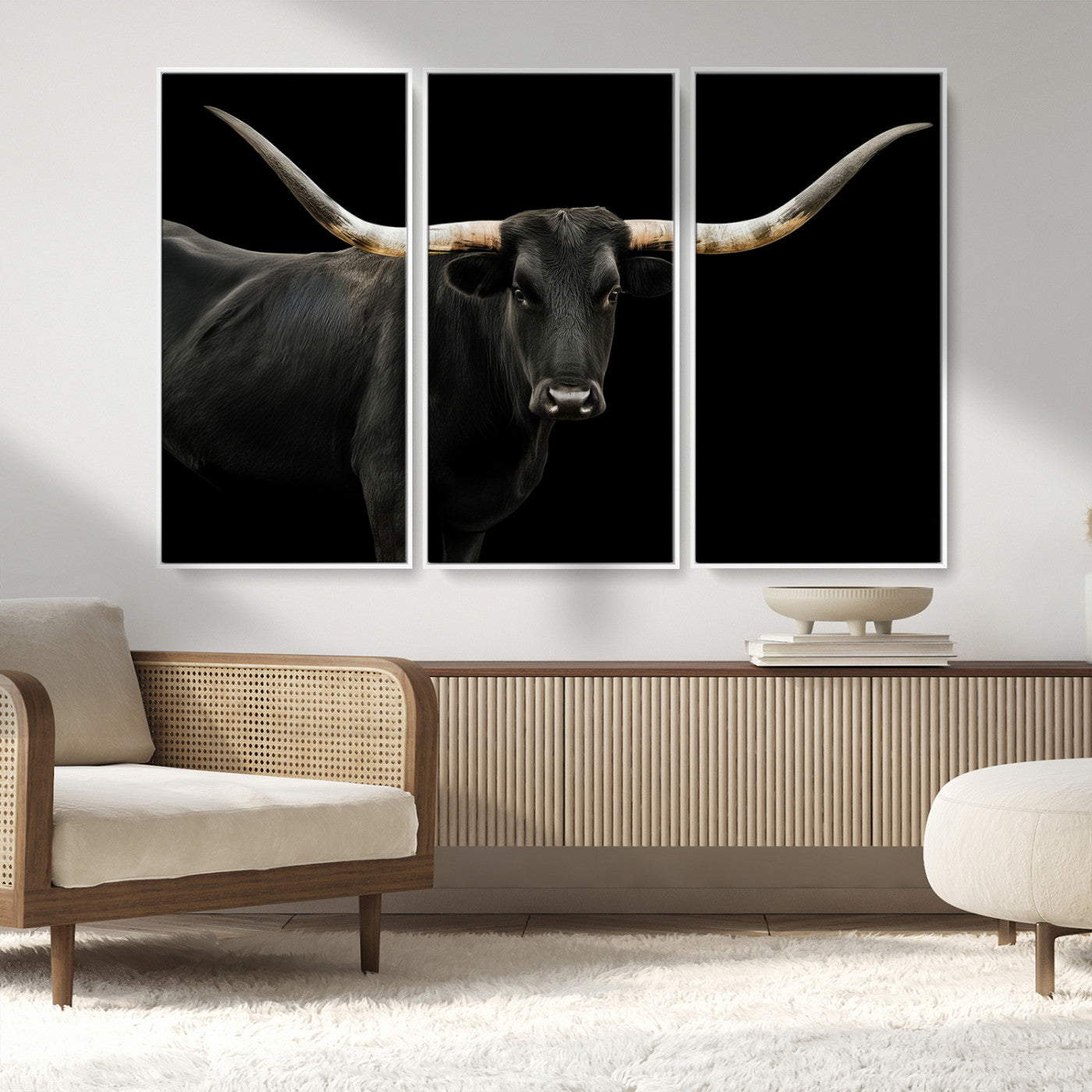MGV-FC-48X32-3P - Texas Longhorn Wall Art Canvas Print, Framed Rustic Western Art Picture Print, Farmhouse Animal Perfect Modern Western Minimalist Decor Artwork