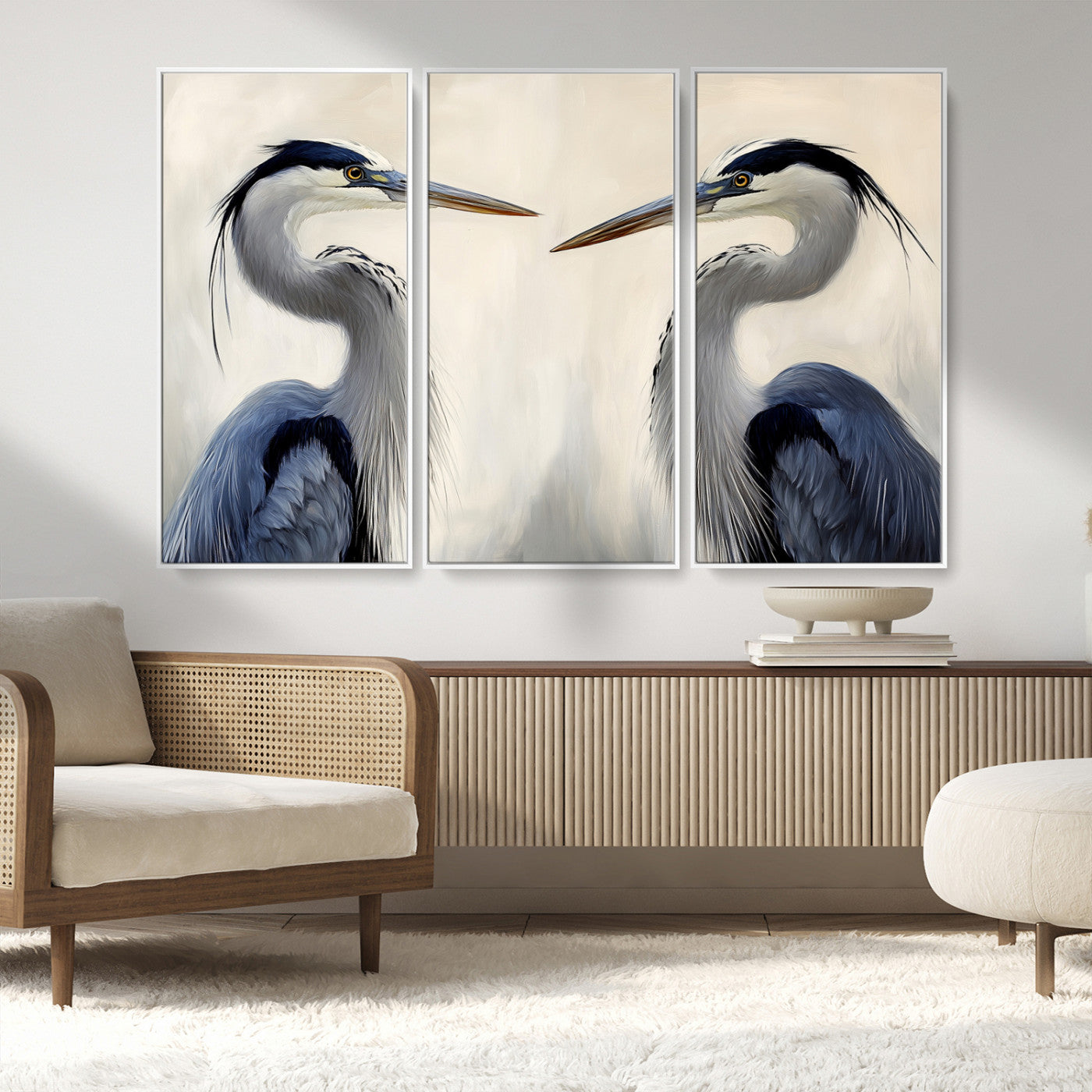 MGV-FC-48X32-3P - Blue Heron Pair Wall Art Canvas Print, Framed Coastal Bird Theme Art Picture Print, Tranquil Wildlife Scene Perfect Coastal Minimalist Decor Artwork