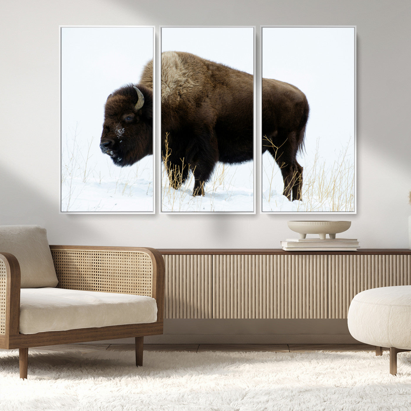 MGV-FC-48X32-3P - Bison Photography Wall Art Canvas Print, Framed Western Wildlife Art Picture Print, Buffalo On Snow Perfect Western Decor Artwork
