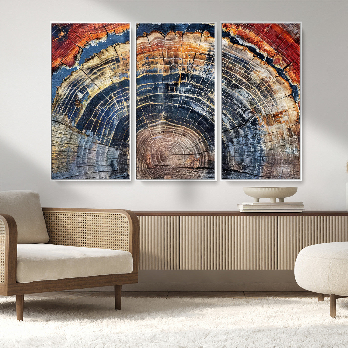 MGV-FC-48X32-3P - Tree Rings Wall Art Canvas Print, Framed Wood Texture Art Picture Print, Petrified Wood Perfect Modern Rustic Decor Artwork