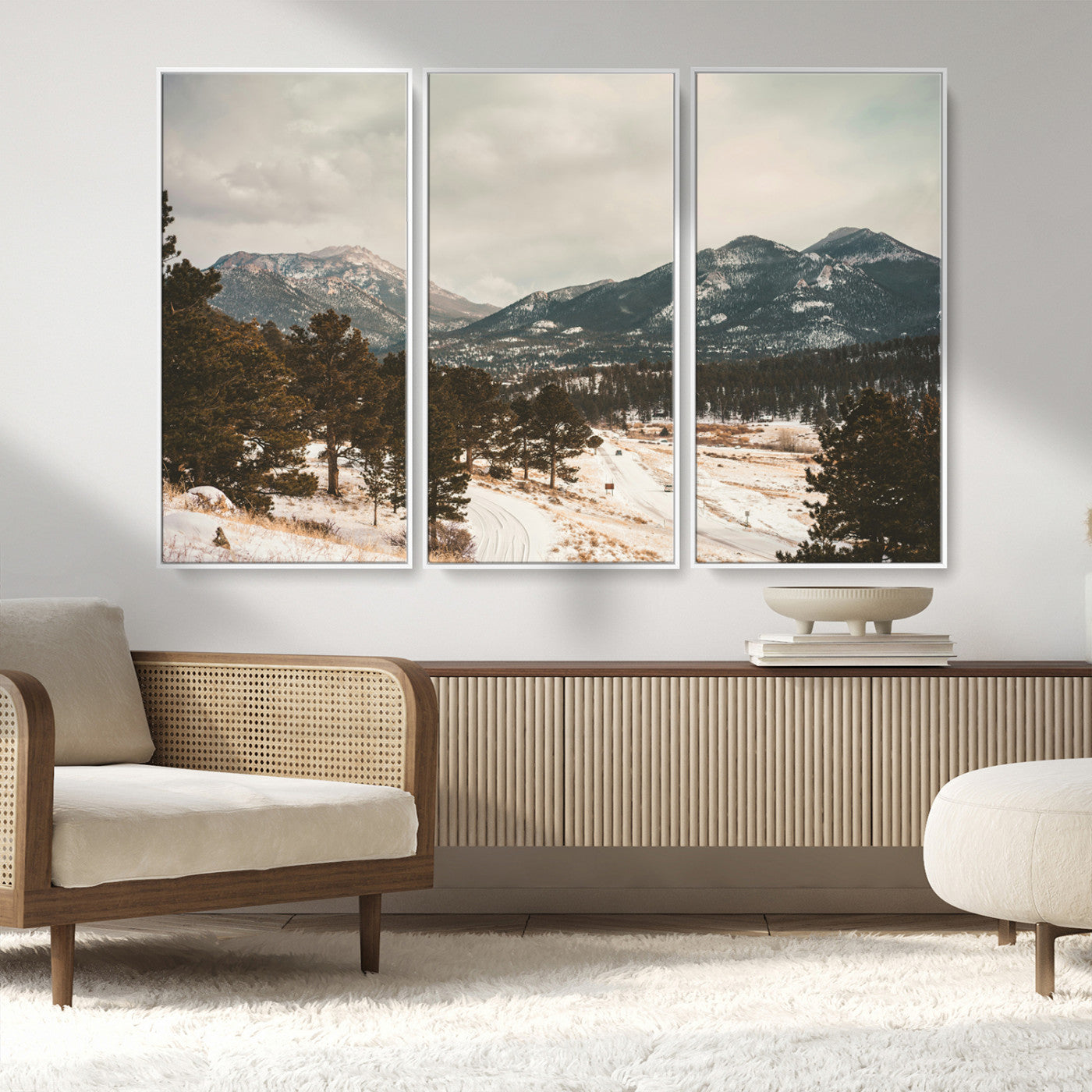 MGV-FC-48X32-3P - Mountain Landscape Wall Art Canvas Print, Framed Snowy Peaks Art Picture Print, Alpine Aesthetic Perfect Rustic Winter Decor Artwork