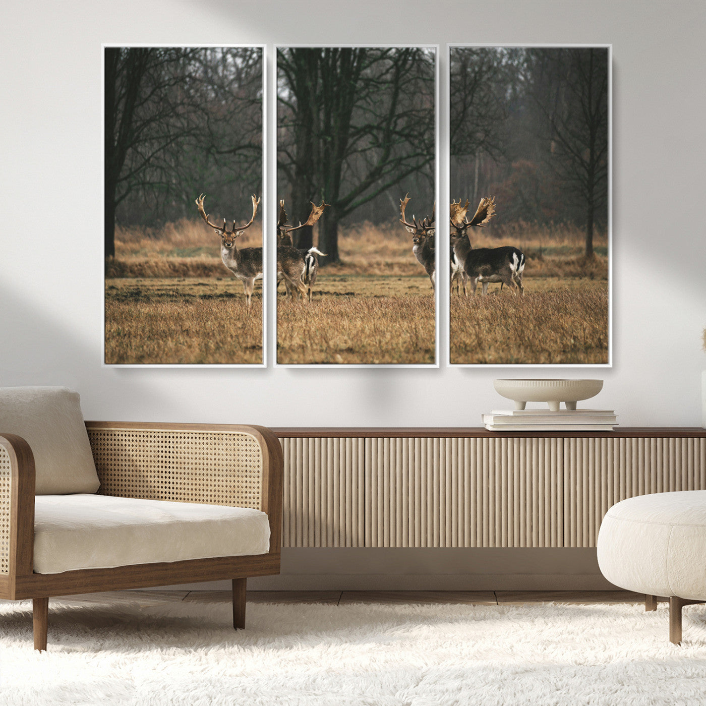 MGV-FC-48X32-3P - Deer Photography Wall Art Canvas Print, Framed Rustic Wildlife Art Picture Print, Stags In Forest Perfect Rustic Wilderness Decor Artwork