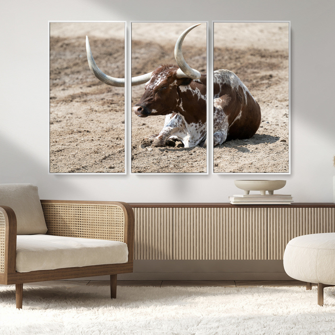 76549210-MGV-FC-48X32-3P_White-Texas Longhorn Wall Art Canvas Print, Framed Country Living Art Picture Print, Farmhouse Perfect