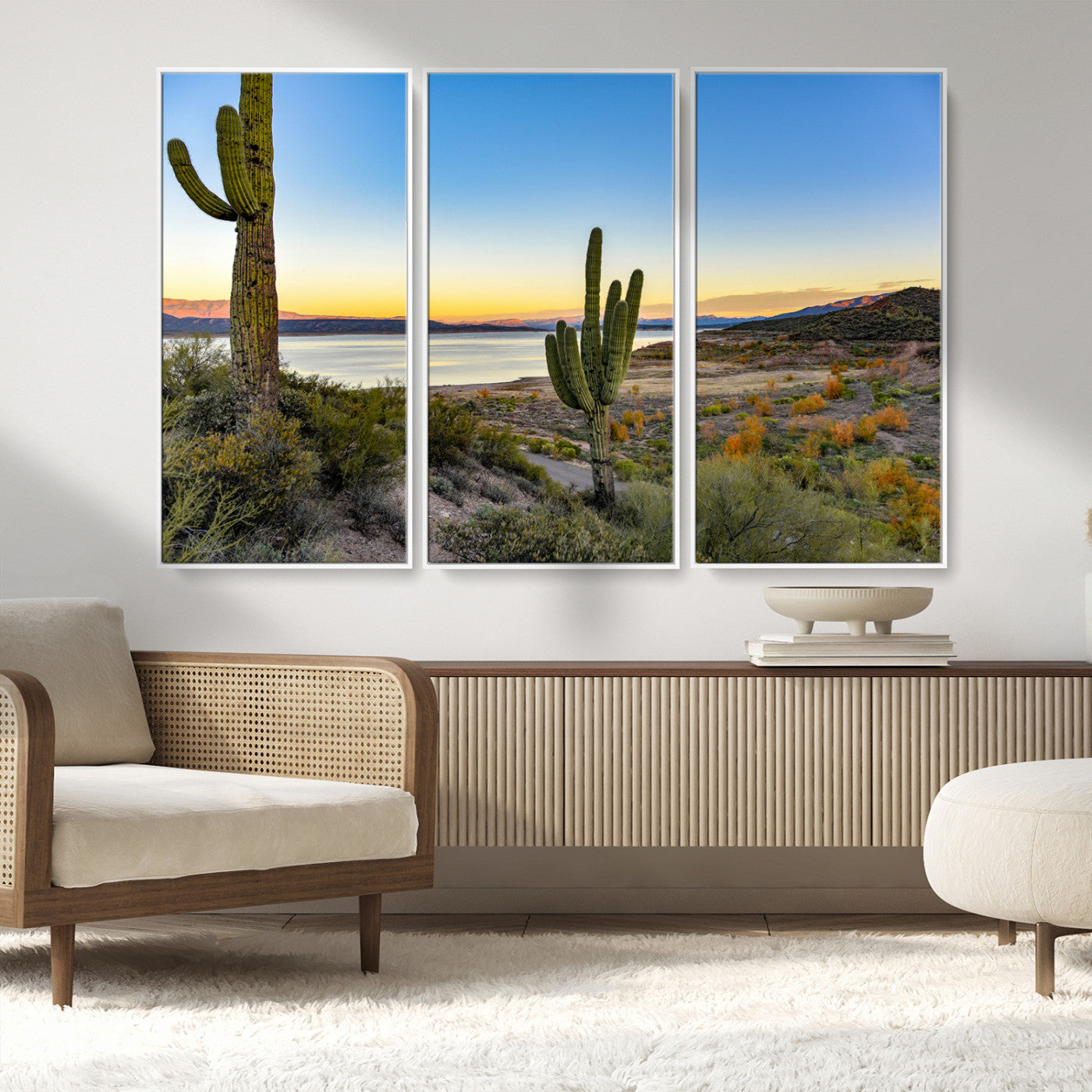 MGV-FC-48X32-3P - Saguaro Cactus Wall Art Canvas Print, Framed Desert Sunset Art Picture Print, Southwestern Perfect Southwestern Decor Artwork