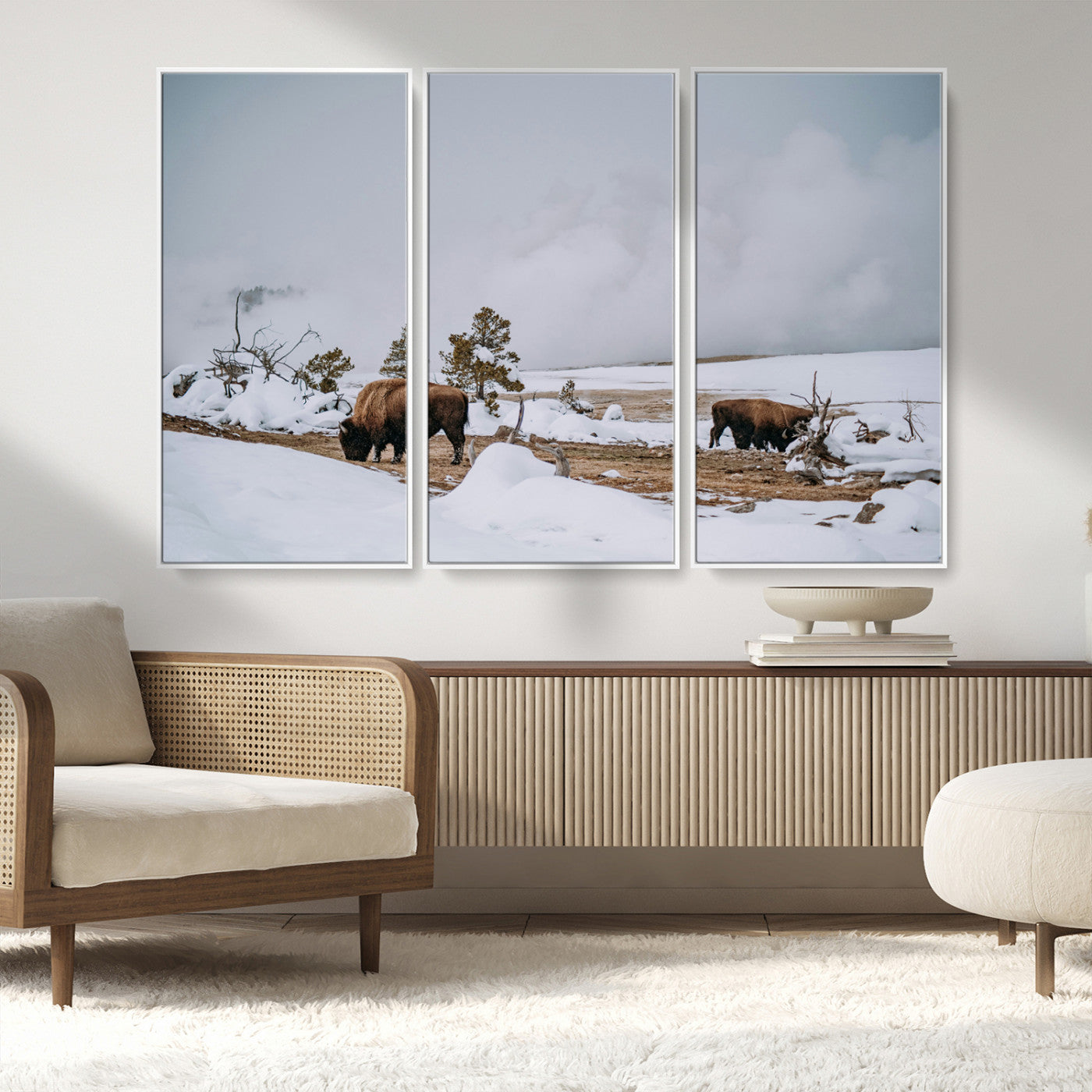 MGV-FC-48X32-3P - Bison Wildlife Wall Art Canvas Print, Framed Snowy Prairie Art Picture Print, Western Perfect Rustic Decor Artwork
