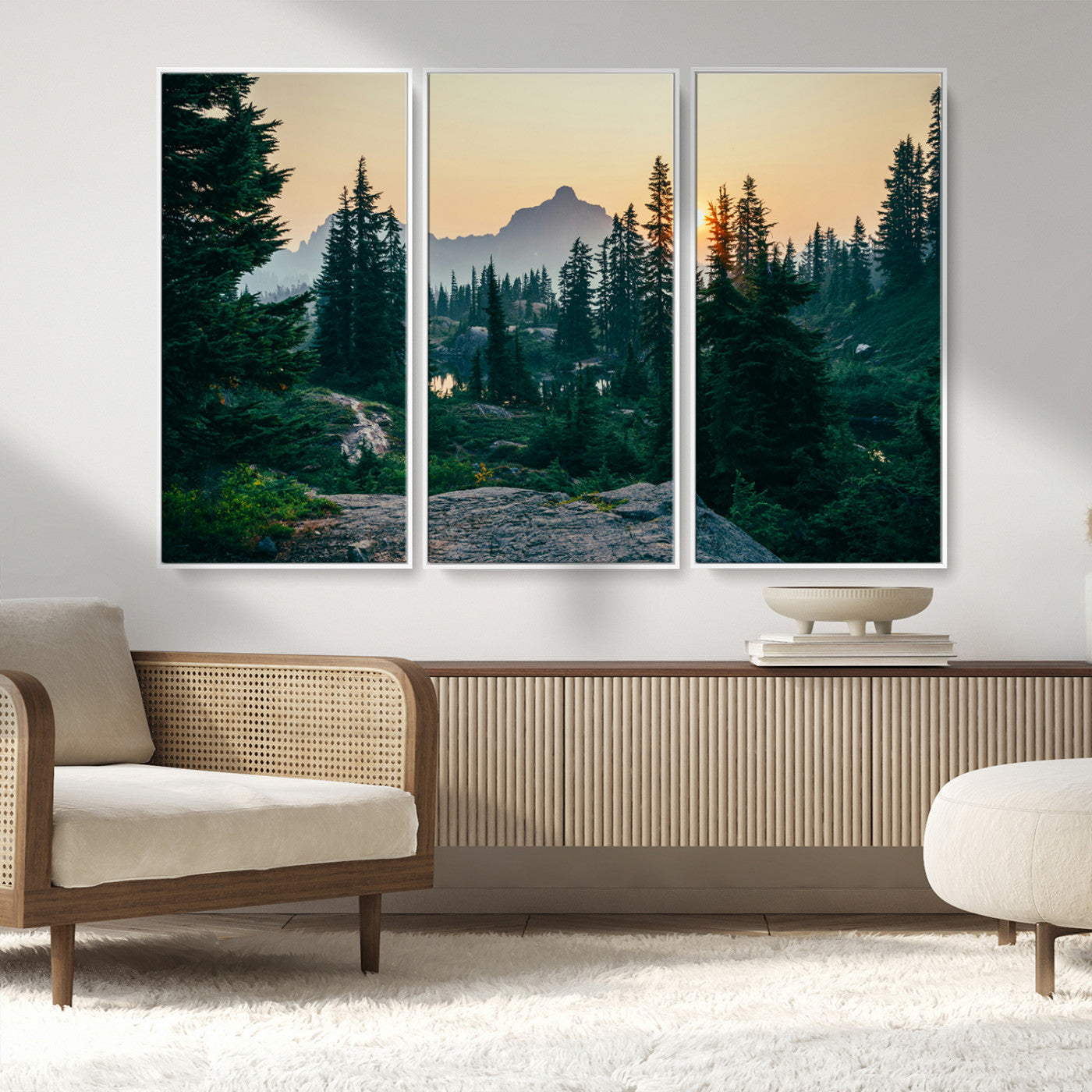 MGV-FC-48X32-3P - Mountain Wall Art Canvas Print, Framed Forest Serenity Art Picture Print, Mountain Perfect Rustic Decor Artwork