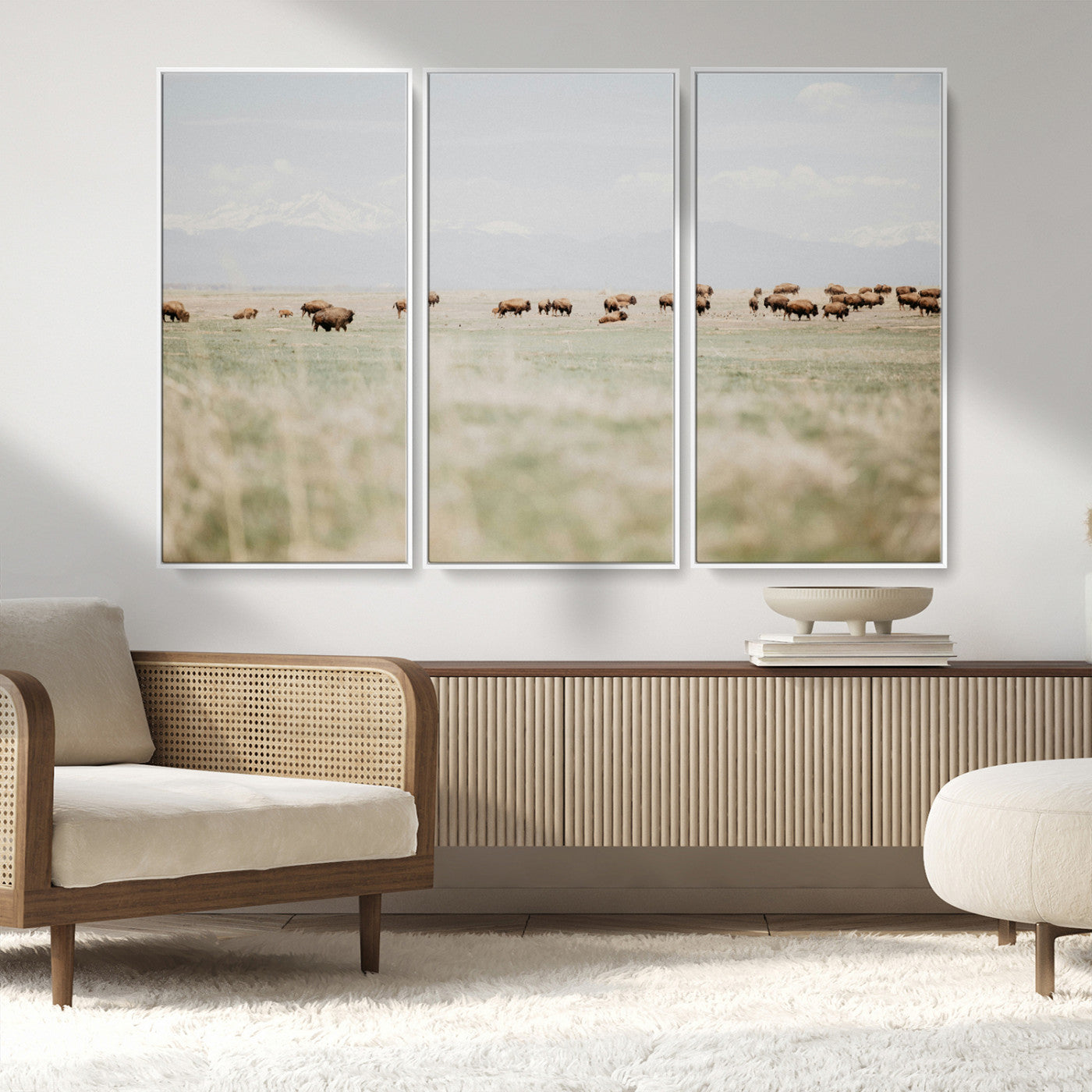 MGV-FC-48X32-3P - Bison Herd Wall Art Canvas Print, Framed Western Art Picture Print, Bison Perfect Ranch Decor Artwork