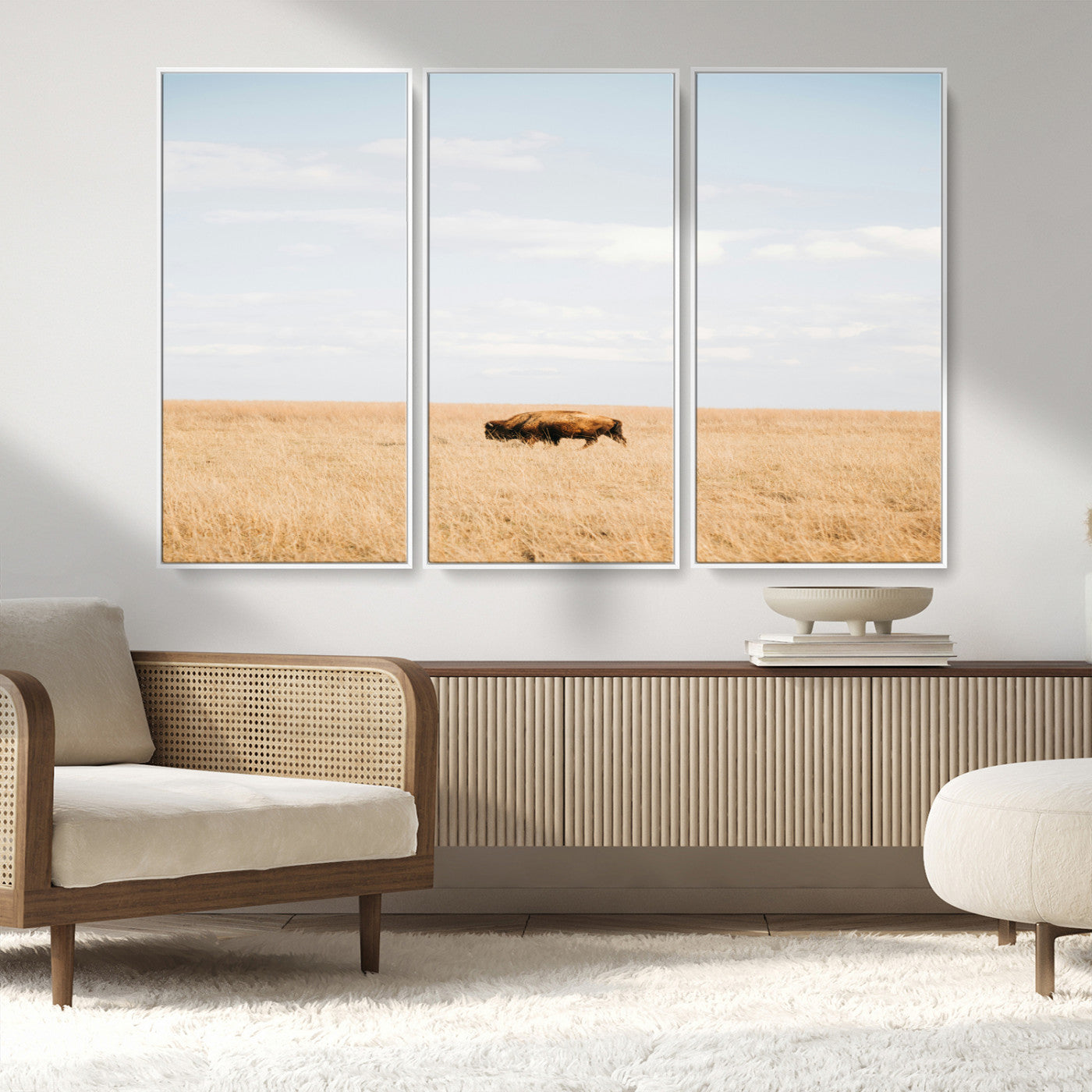 MGV-FC-48X32-3P - Minimalist Nature Wall Art Canvas Print, Framed Bison In Grassland Art Picture Print, Open Field Perfect Modern Ranch Decor Decor Artwork