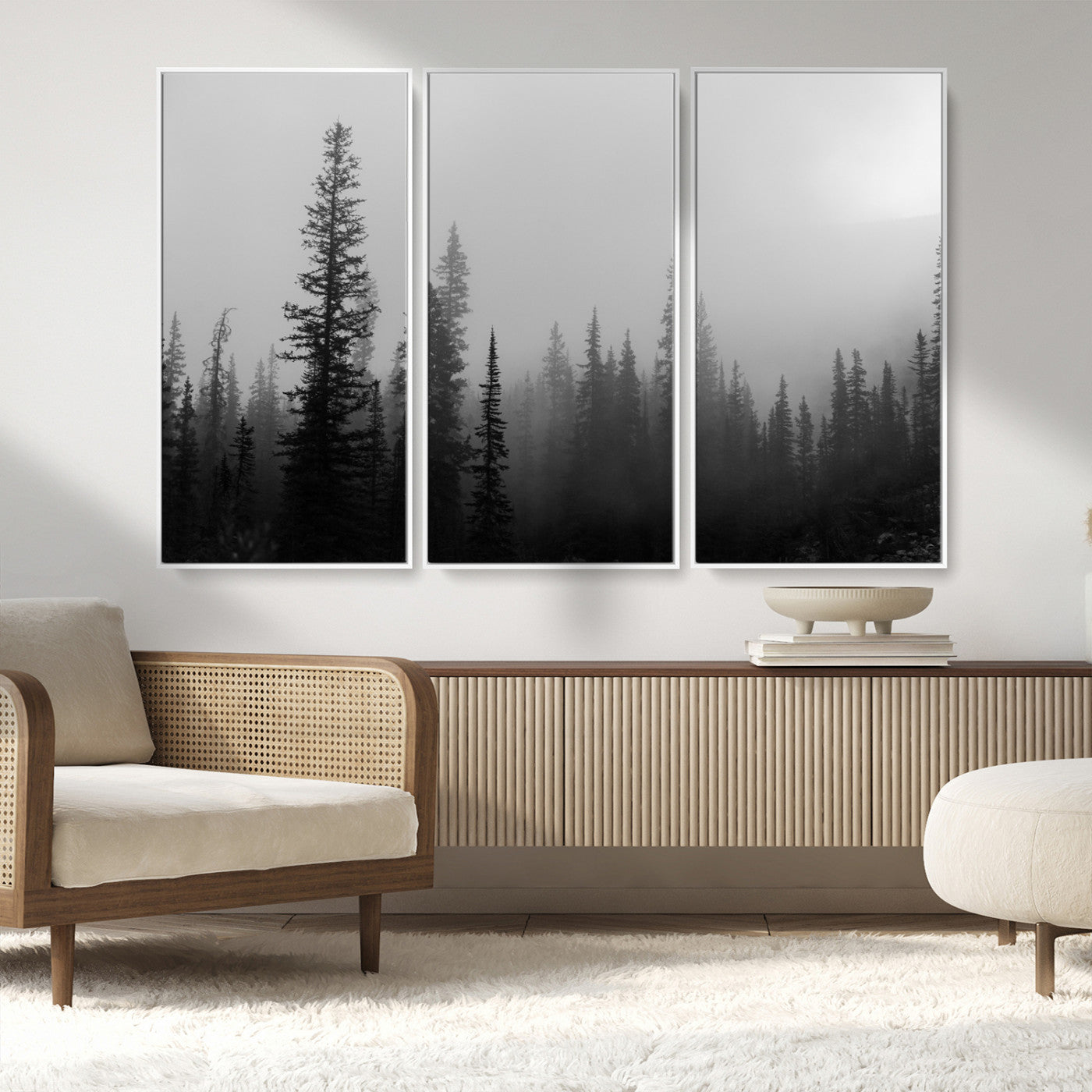 MGV-FC-48X32-3P - Misty Pines Wall Art Canvas Print, Framed Woodland Photography Art Picture Print, Minimalist Decor Perfect Rustic Decor Artwork