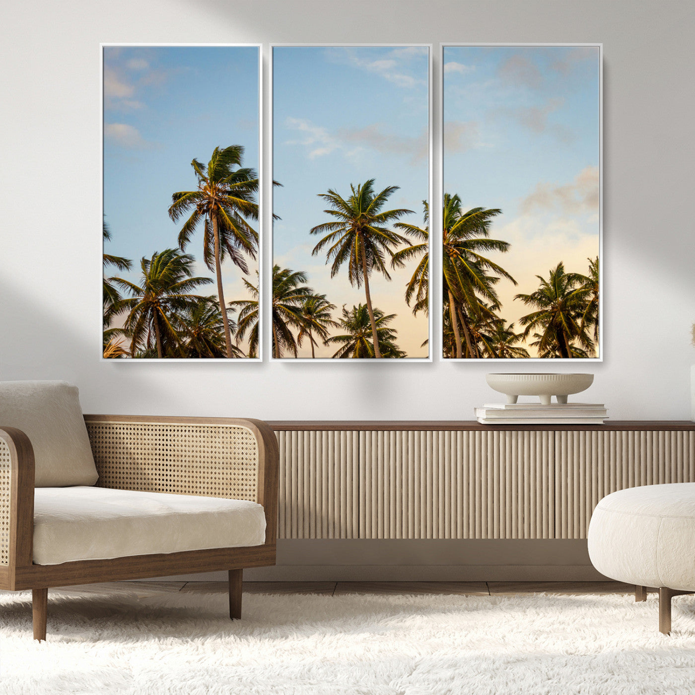 MGV-FC-48X32-3P - Palm Trees Wall Art Canvas Print, Framed Tropical Vibes Art Picture Print, Coastal Sunset Perfect Coastal Boho Decor Artwork