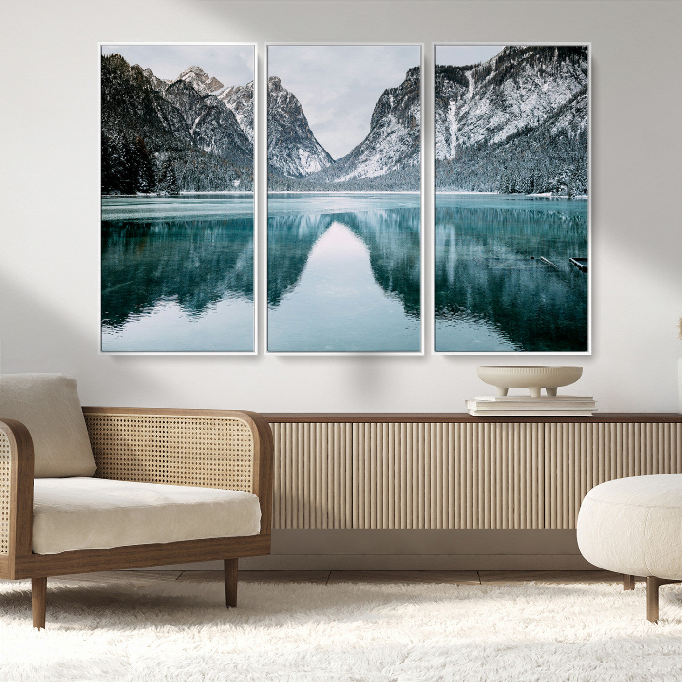 MGV-FC-48X32-3P - Mountain Lake Wall Art Canvas Print, Framed Wonderland Art Picture Print, Snowy Peaks Perfect Nature Decor Artwork