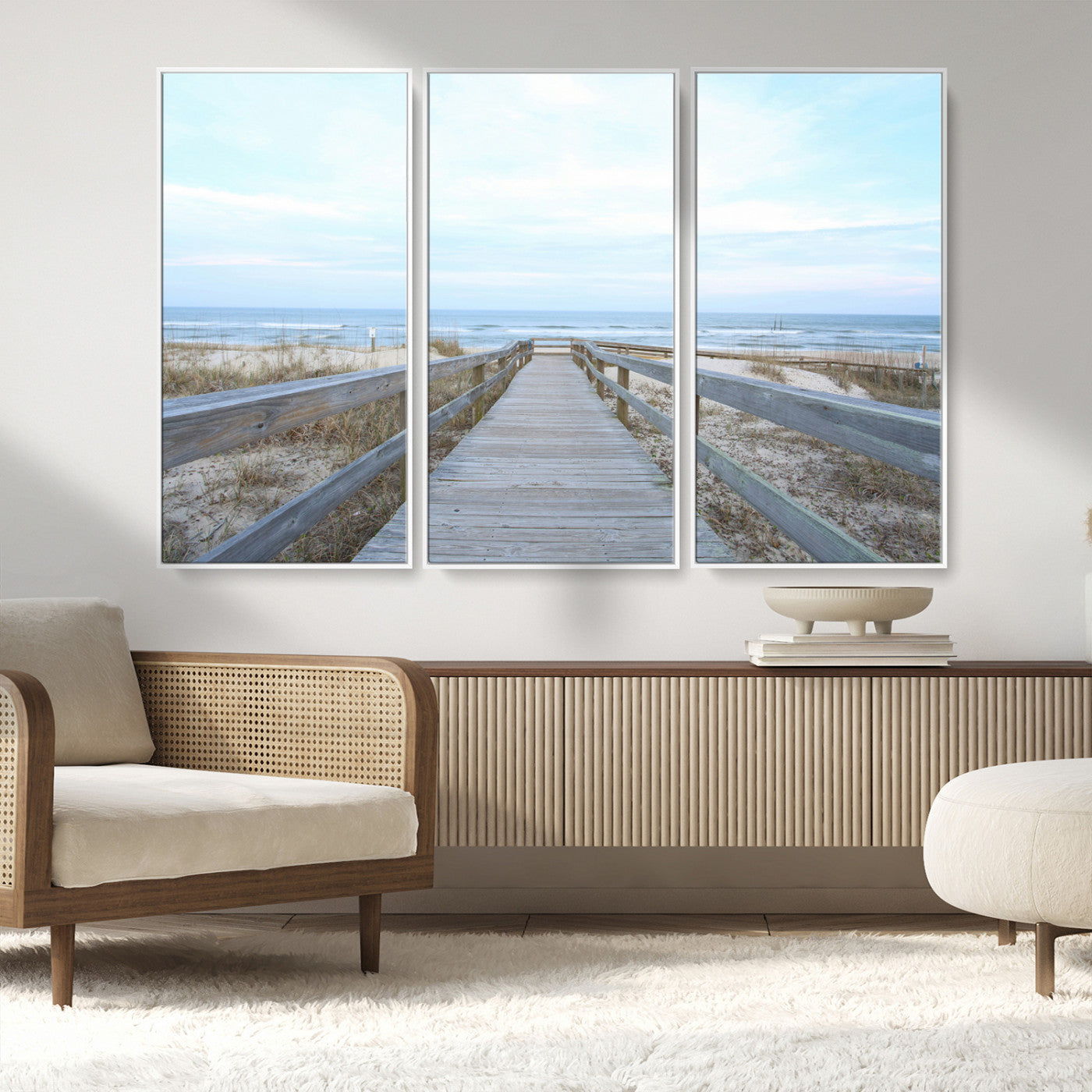 MGV-FC-48X32-3P - Beach Boardwalk Wall Art Canvas Print, Framed Coastal Serenity Art Picture Print, Ocean View Perfect Coastal Decor Artwork