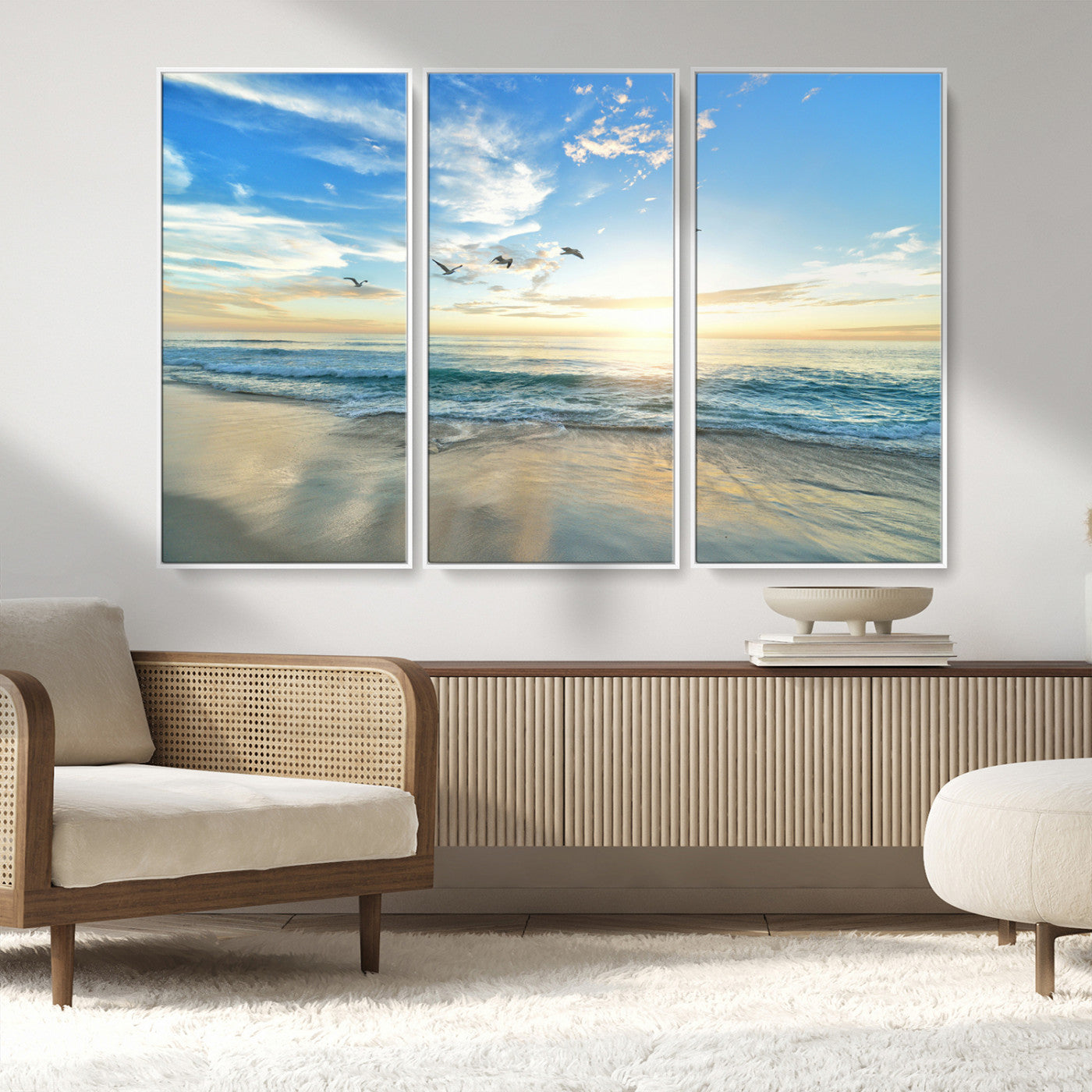 MGV-FC-48X32-3P - Minimalist Seaside Wall Art Canvas Print, Framed Morning Glow Art Picture Print, Golden Reflections Perfect Coastal Minimalist Decor Artwork