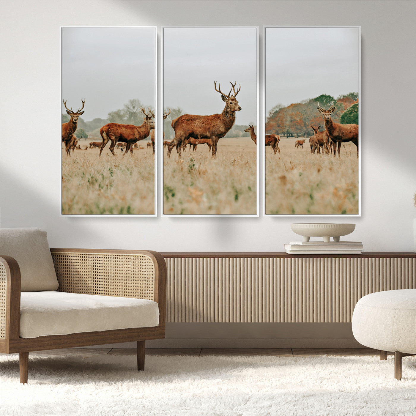 MGV-FC-48X32-3P - Rustic Deer Print Wall Art Canvas Print, Framed Autumn Nature Canvas Art Picture Print, Wildlife Art Print Perfect Rustic Wildlife Decor Artwork