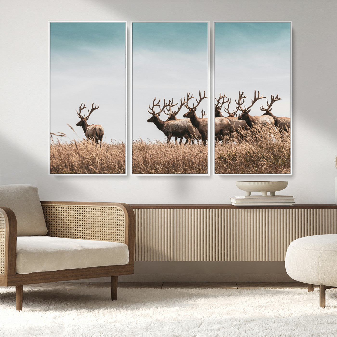 MGV-FC-48X32-3P - Elk Herd Wall Art Canvas Print, Framed Wildlife Photography Art Picture Print, Rustic Nature Print Perfect Rustic Wildlife Decor Artwork