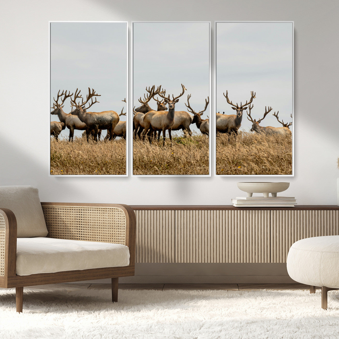 MGV-FC-48X32-3P - Elk Herd Wall Art Canvas Print, Framed Wildlife Photography Art Picture Print, Majestic Antlers Perfect Rustic Wildlife Decor Artwork