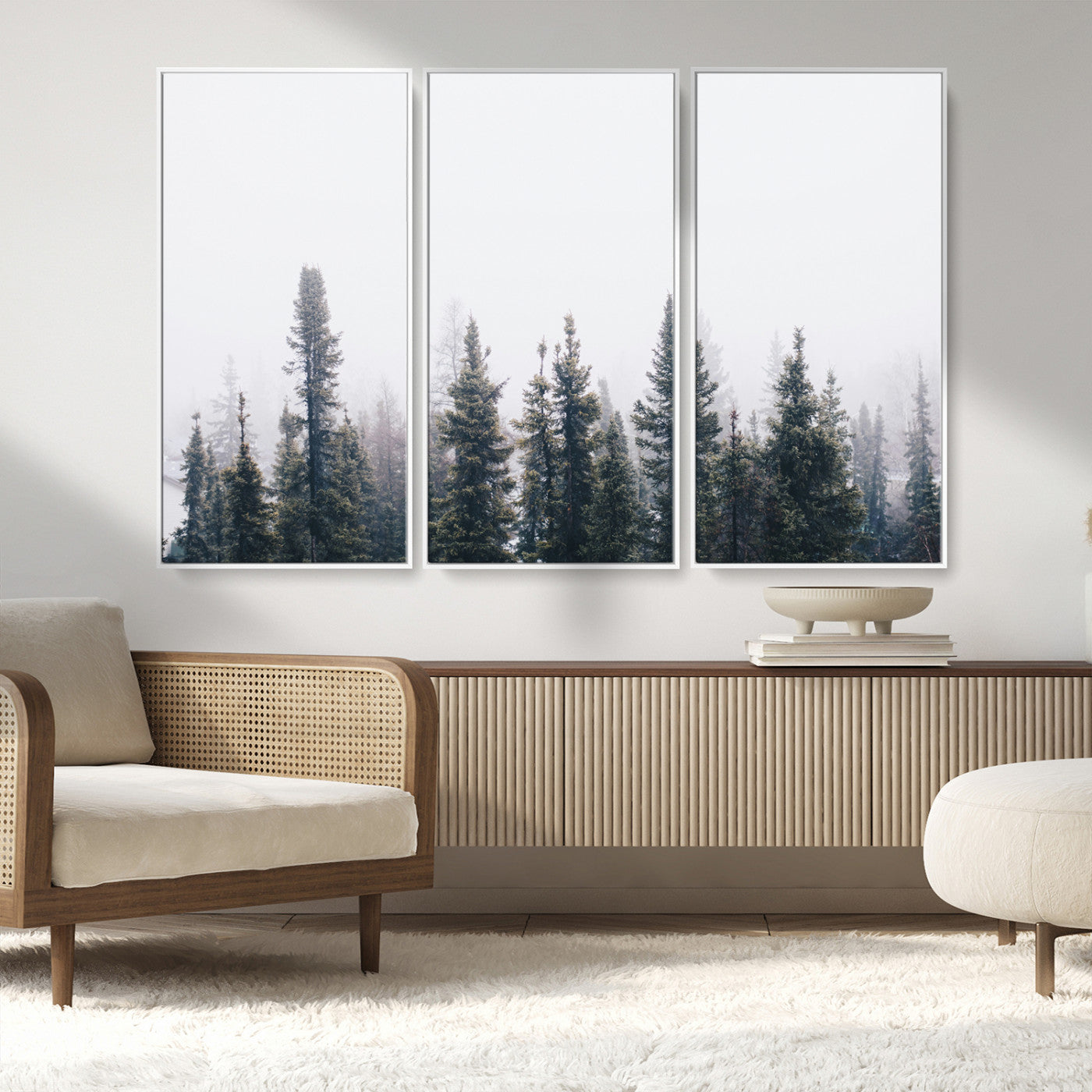 MGV-FC-48X32-3P - Foggy Forest Wall Art Canvas Print, Framed Misty Pines Art Picture Print, Moody Woodland Perfect Scandinavian Minimalist Decor Artwork