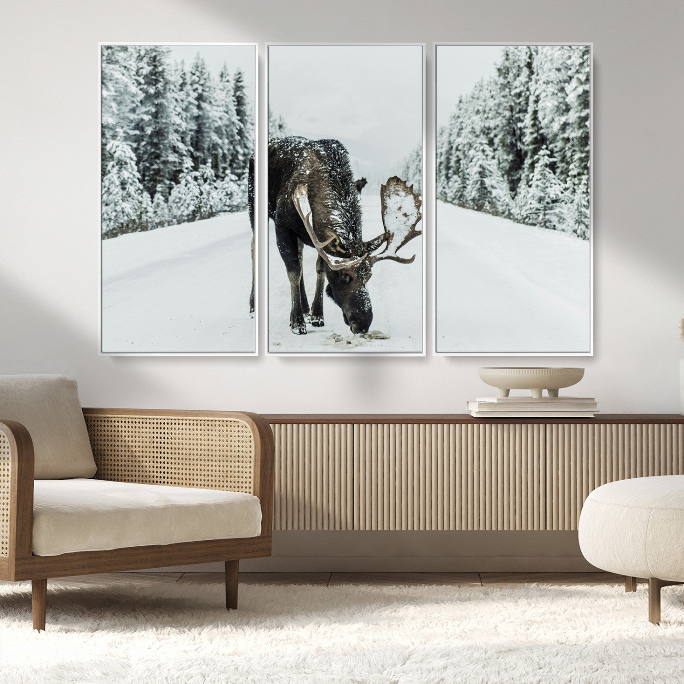MGV-FC-48X32-3P - Moose in Snow Wall Art Canvas Print, Framed Winter Wildlife Art Picture Print, Snowy Forest Scene Perfect Rustic Lodge Decor Artwork