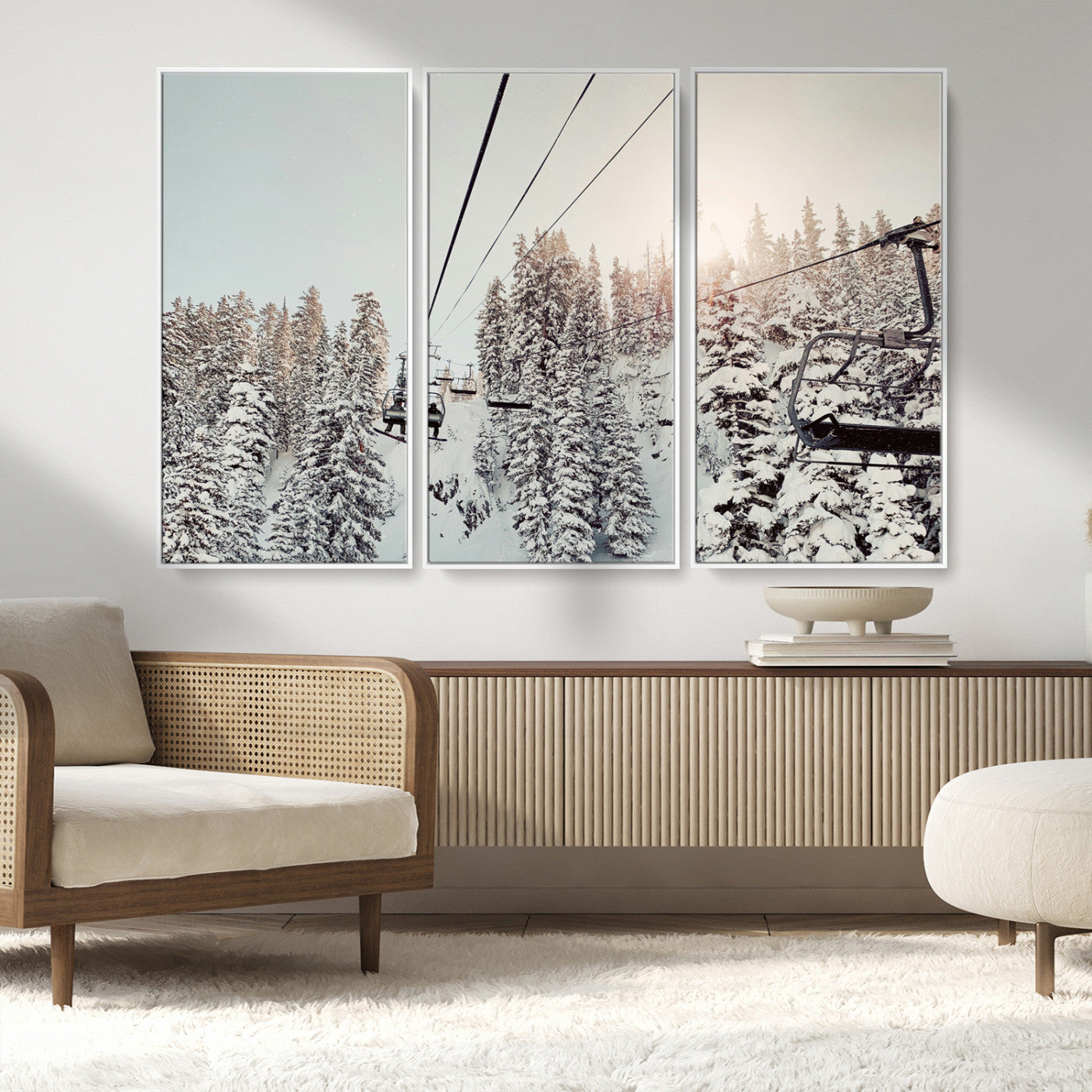 MGV-FC-48X32-3P - Frosty Pines Wall Art Canvas Print, Framed Cozy Cabin View Art Picture Print, Ski Lift Ride Perfect Rustic Lodge Decor Artwork