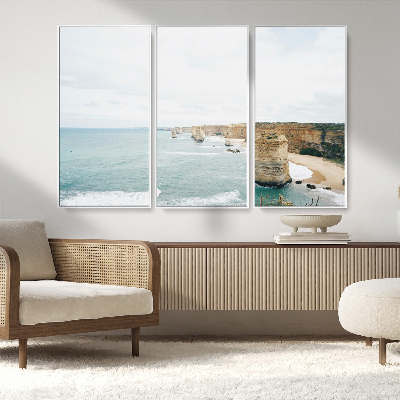 MGV-FC-48X32-3P - Twelve Apostles Wall Art Canvas Print, Framed Coastal Cliffs Art Picture Print, Rugged Rock Formations Perfect Minimalist Coastal Decor Artwork