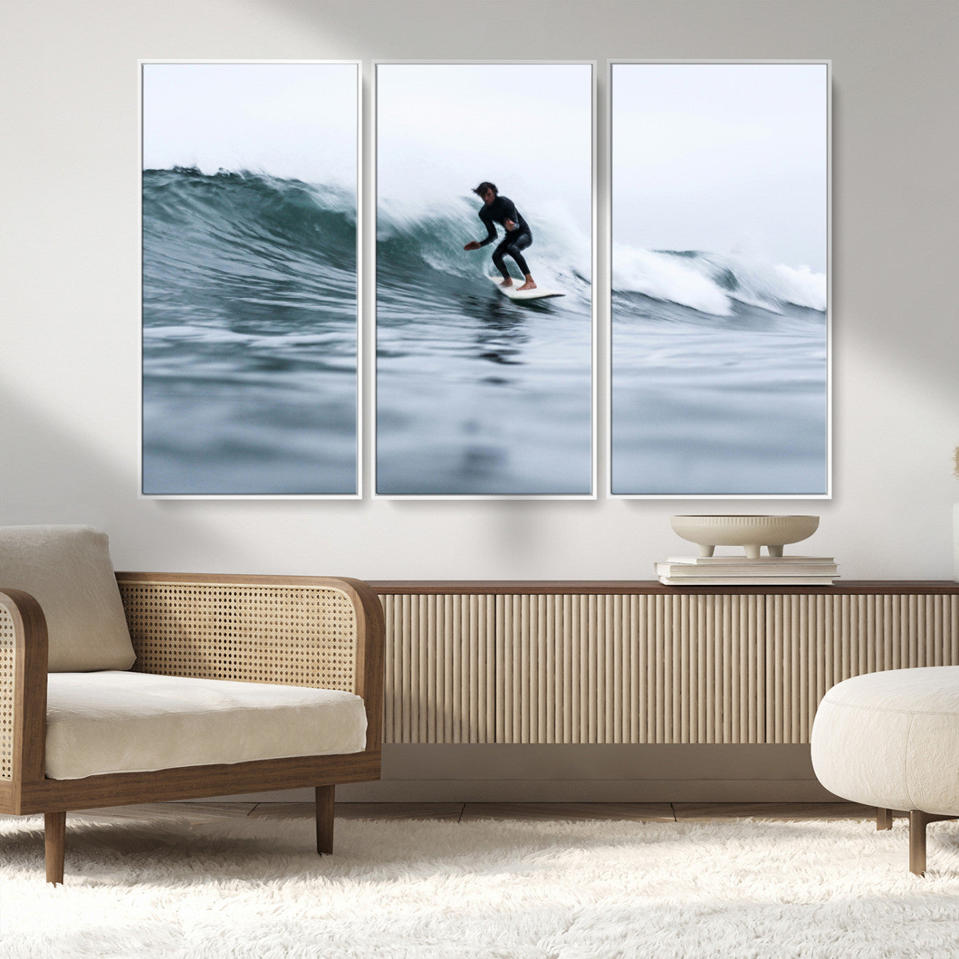 MGV-FC-48X32-3P - Surfer on Wave Wall Art Canvas Print, Framed Ocean Adventure Art Picture Print, Motion Blur Water Perfect Coastal Adventure Decor Artwork