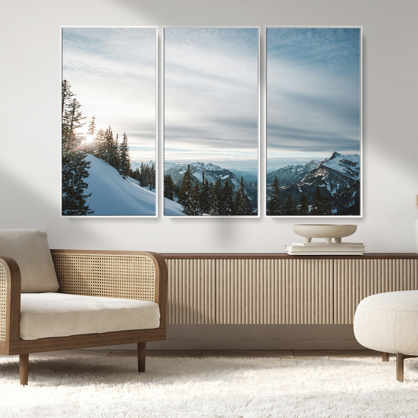 MGV-FC-48X32-3P - Snowy Mountains Wall Art Canvas Print, Framed Alpine Landscape Art Picture Print, Frosty Peaks Perfect Nordic Minimalist Decor Artwork