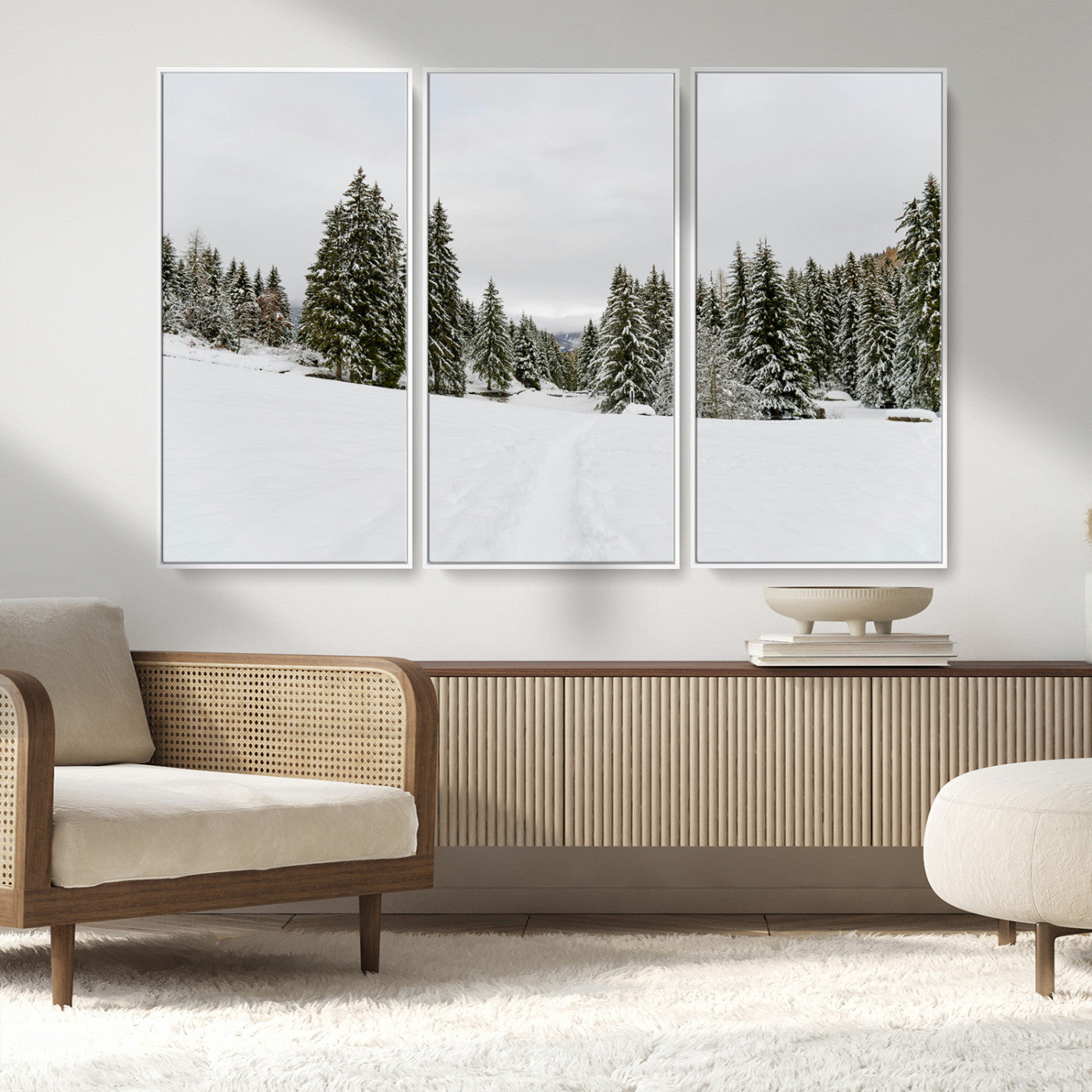 MGV-FC-48X32-3P - Frosty Pines Wall Art Canvas Print, Framed Silent Snowfall Art Picture Print, Cozy Cabin Vibes Perfect Nordic Minimalist Decor Artwork