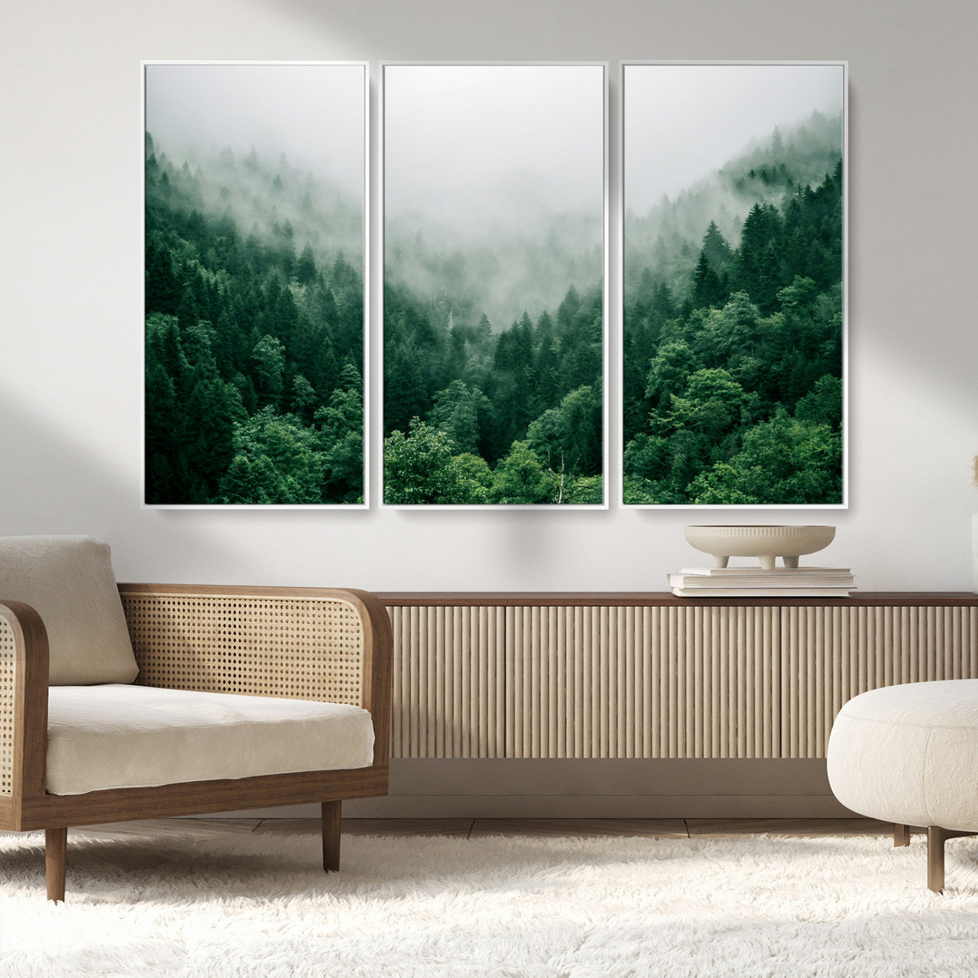 MGV-FC-48X32-3P - Misty Green Forest Canvas Print – Serene Foggy Pine Landscape Wall Art, Tranquil Nature Decor for