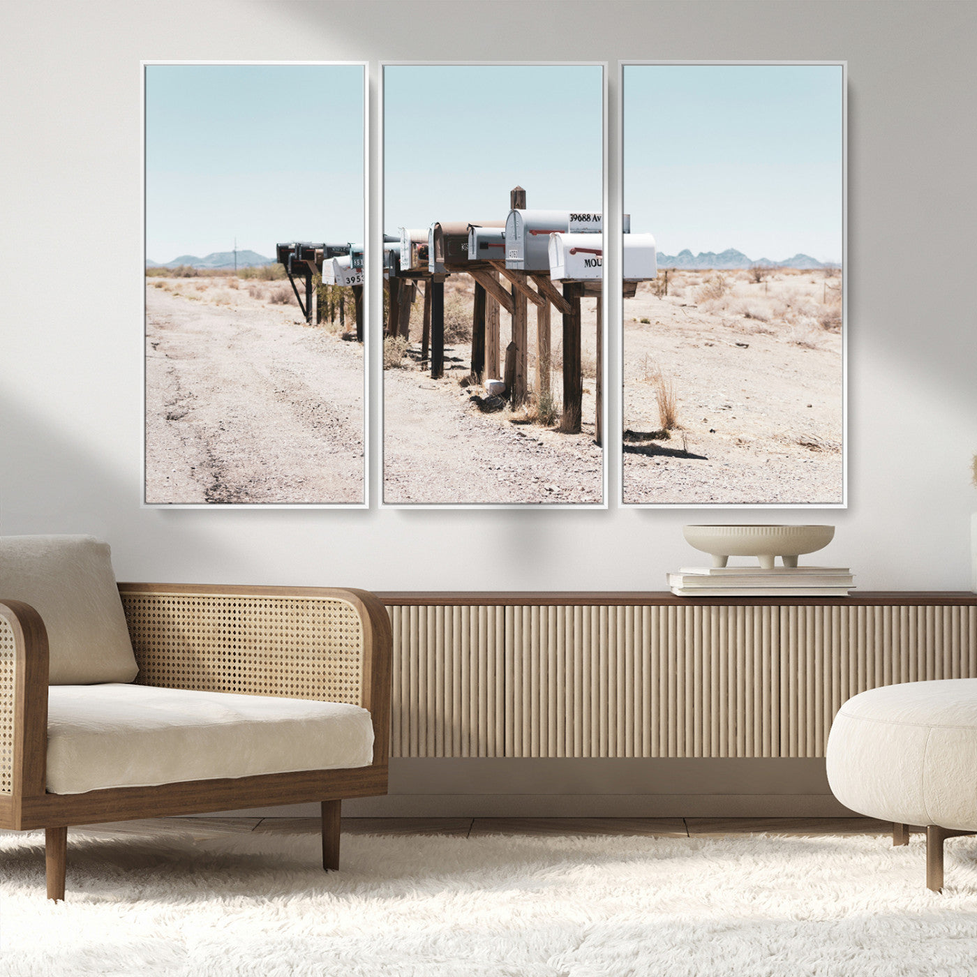MGV-FC-48X32-3P - Desert Mailboxes Canvas Print – Minimal Western Landscape Photography, Rustic Americana Wall Art for