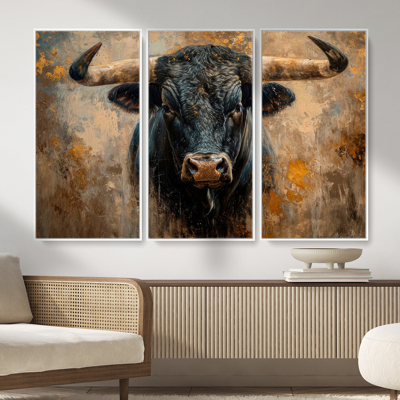 91615410-MGV-CV-36X24 - Abstract Texas Longhorn Bull Wall Art – Rustic Farmhouse Canvas Print, Western Cabin Style Decor, Large Animal Artwork for Living Room or Office