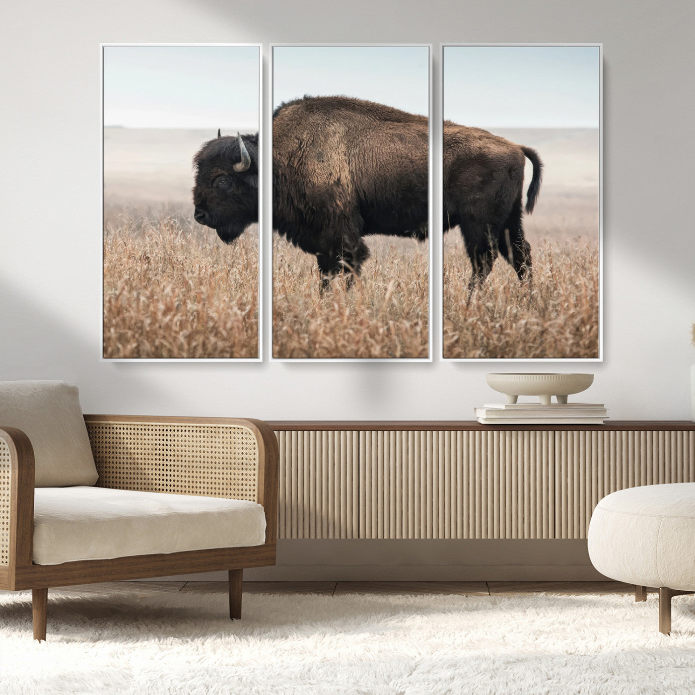 MGV-FC-48X32-3P - American Bison in Field  Wall Art Canvas Print – Powerful Winter Wildlife Scene with Buffalo in